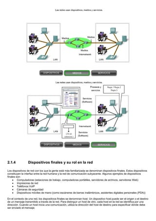 2.1.4 Dispositivos finales y su rol en la red
Los dispositivos de red con los que la gente está más familiarizada se denominan dispositivos finales. Estos dispositivos
constituyen la interfaz entre la red humana y la red de comunicación subyacente. Algunos ejemplos de dispositivos
finales son:
• Computadoras (estaciones de trabajo, computadoras portátiles, servidores de archivos, servidores Web)
• Impresoras de red
• Teléfonos VoIP
• Cámaras de seguridad
• Dispositivos móviles de mano (como escáneres de barras inalámbricos, asistentes digitales personales (PDA))
En el contexto de una red, los dispositivos finales se denominan host. Un dispositivo host puede ser el origen o el destino
de un mensaje transmitido a través de la red. Para distinguir un host de otro, cada host en la red se identifica por una
dirección. Cuando un host inicia una comunicación, utiliza la dirección del host de destino para especificar dónde debe
ser enviado el mensaje.
 
