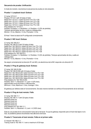 Secuencia de prueba: Unificación
A modo de revisión, recorramos la secuencia de prueba en otra situación.
Prueba 1: Loopback local: Exitoso
C:>ping 127.0.0.1
Pinging 127.0.0.1 with 32 bytes of data:
Reply from 127.0.0.1: bytes=32 time<1ms TTL=128
Reply from 127.0.0.1: bytes=32 time<1ms TTL=128
Reply from 127.0.0.1: bytes=32 time<1ms TTL=128
Reply from 127.0.0.1: bytes=32 time<1ms TTL=128
Ping statistics for 127.0.0.1:
Packets: Enviados = 4, Recibidos = 4, Perdidos = 0 (0% de pérdida),
Tiempos aproximados de ida y vuelta en milisegundos:
Mínimo = 0 ms, Máximo = 0 ms, Promedio = 0 ms
El Host 1 tiene la stack de IP configurada correctamente.
Prueba 2: NIC local: Exitosa
C:>ping 192.168.23.3
Pinging 192.168.23.3 with 32 bytes of data:
Reply from 192.168.23.3: bytes=32 time<1ms TTL=128
Reply from 192.168.23.3: bytes=32 time<1ms TTL=128
Reply from 192.168.23.3: bytes=32 time<1ms TTL=128
Reply from 192.168.23.3: bytes=32 time<1ms TTL=128
Ping statistics for 192.168.23.3:
Packets: Enviados = 4, Recibidos = 4, Perdidos = 0 (0% de pérdida), Tiempos aproximados de ida y vuelta en
milisegundos:
Mínimo = 0 ms, Máximo = 0 ms, Promedio = 0 ms
Se asignó correctamente la dirección IP a la NIC y la electrónica de la NIC responde a la dirección IP.
Prueba 3: Ping de gateway local: Exitoso
C:>ping 192.168.23.254
Pinging 192.168.23.254 with 32 bytes of data:
Reply from 192.168.23.254: bytes=32 time<1ms TTL=128
Reply from 192.168.23.254: bytes=32 time<1ms TTL=128
Reply from 192.168.23.254: bytes=32 time<1ms TTL=128
Reply from 192.168.23.254: bytes=32 time<1ms TTL=128
Ping statistics for 192.168.23.254:
Packets: Sent = 4, Received = 4, Lost = 0 (0% loss),
Approximate round trip times in milli-seconds:
Minimum = 0ms, Maximum = 0ms, Average = 0ms
El gateway por defecto está en funcionamiento. De esta manera también se verifica el funcionamiento de la red local.
Prueba 4: Ping de host remoto: Falla
C:>ping 192.168.11.1
Pinging 192.168.11.1 with 32 bytes of data:
Request timed out.
Request timed out.
Request timed out.
Request timed out.
Ping statistics for 192.168.11.1:
Packets: Sent = 4, Received = 0, Lost = 4 (100% loss)
Esta es una prueba de la comunicación fuera de la red local. Ya que la gateway respondió pero el host más lejano no lo
hizo, el problema parece encontrarse más allá de la red local.
Prueba 5: Traceroute al host remoto: Falla en el primer salto
C:>tracert 192.168.11.1
Tracing route to 192.168.11.1 over a maximum of 30 hops
 