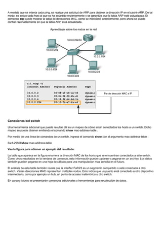 A medida que se intenta cada ping, se realiza una solicitud de ARP para obtener la dirección IP en el caché ARP. De tal
modo, se activa cada host al que se ha accedido recientemente y se garantiza que la tabla ARP esté actualizada. El
comando arp puede mostrar la tabla de direcciones MAC, como se mencionó anteriormente, pero ahora se puede
confiar razonablemente en que la tabla ARP está actualizada.
Conexiones del switch
Una herramienta adicional que puede resultar útil es un mapeo de cómo están conectados los hosts a un switch. Dicho
mapeo se puede obtener emitiendo el comando show mac-address-table .
Por medio de una línea de comandos de un switch, ingrese el comando show con el argumento mac-address-table :
Sw1-2950#show mac-address-table
Vea la figura para obtener un ejemplo del resultado.
La tabla que aparece en la figura enumera la dirección MAC de los hosts que se encuentran conectados a este switch.
Como otros resultados en la ventana de comando, esta información puede copiarse y pegarse en un archivo. Los datos
también pueden pegarse en una hoja de cálculo para una manipulación más sencilla en el futuro.
El análisis de esta tabla también revela que la interfaz Fa0/23 es un segmento compartido o está conectada a otro
switch. Varias direcciones MAC representan múltiples nodos. Esto indica que un puerto está conectado a otro dispositivo
intermediario, como por ejemplo un hub, un punto de acceso inalámbrico u otro switch.
En cursos futuros se presentarán comandos adicionales y herramientas para recolección de datos.
 