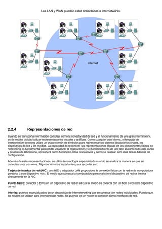 2.2.4 Representaciones de red
Cuando se transporta información compleja como la conectividad de red y el funcionamiento de una gran internetwork,
es de mucha utilidad utilizar representaciones visuales y gráficos. Como cualquier otro idioma, el lenguaje de
interconexión de redes utiliza un grupo común de símbolos para representar los distintos dispositivos finales, los
dispositivos de red y los medios. La capacidad de reconocer las representaciones lógicas de los componentes físicos de
networking es fundamental para poder visualizar la organización y el funcionamiento de una red. Durante todo este curso
y pruebas de laboratorio, aprenderá cómo funcionan estos dispositivos y cómo se realizan con ellos tareas básicas de
configuración.
Además de estas representaciones, se utiliza terminología especializada cuando se analiza la manera en que se
conectan unos con otros. Algunos términos importantes para recordar son:
Tarjeta de interfaz de red (NIC): una NIC o adaptador LAN proporciona la conexión física con la red en la computadora
personal u otro dispositivo host. El medio que conecta la computadora personal con el dispositivo de red se inserta
directamente en la NIC.
Puerto físico: conector o toma en un dispositivo de red en el cual el medio se conecta con un host o con otro dispositivo
de red.
Interfaz: puertos especializados de un dispositivo de internetworking que se conecta con redes individuales. Puesto que
los routers se utilizan para interconectar redes, los puertos de un router se conocen como interfaces de red.
 