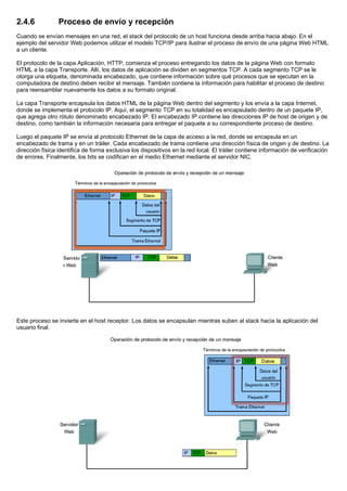 2.4.6 Proceso de envío y recepción
Cuando se envían mensajes en una red, el stack del protocolo de un host funciona desde arriba hacia abajo. En el
ejemplo del servidor Web podemos utilizar el modelo TCP/IP para ilustrar el proceso de envío de una página Web HTML
a un cliente.
El protocolo de la capa Aplicación, HTTP, comienza el proceso entregando los datos de la página Web con formato
HTML a la capa Transporte. Allí, los datos de aplicación se dividen en segmentos TCP. A cada segmento TCP se le
otorga una etiqueta, denominada encabezado, que contiene información sobre qué procesos que se ejecutan en la
computadora de destino deben recibir el mensaje. También contiene la información para habilitar el proceso de destino
para reensamblar nuevamente los datos a su formato original.
La capa Transporte encapsula los datos HTML de la página Web dentro del segmento y los envía a la capa Internet,
donde se implementa el protocolo IP. Aquí, el segmento TCP en su totalidad es encapsulado dentro de un paquete IP,
que agrega otro rótulo denominado encabezado IP. El encabezado IP contiene las direcciones IP de host de origen y de
destino, como también la información necesaria para entregar el paquete a su correspondiente proceso de destino.
Luego el paquete IP se envía al protocolo Ethernet de la capa de acceso a la red, donde se encapsula en un
encabezado de trama y en un tráiler. Cada encabezado de trama contiene una dirección física de origen y de destino. La
dirección física identifica de forma exclusiva los dispositivos en la red local. El tráiler contiene información de verificación
de errores. Finalmente, los bits se codifican en el medio Ethernet mediante el servidor NIC.
Este proceso se invierte en el host receptor. Los datos se encapsulan mientras suben al stack hacia la aplicación del
usuario final.
 