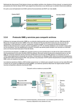 fácilmente las direcciones IP del cliente sin tener que realizar cambios a los clientes en forma manual. La mayoría de los
proveedores de Internet utilizan DHCP para asignar las direcciones a sus clientes que no solicitan direcciones estáticas.
El cuarto curso de Exploración de CCNA cubrirá el funcionamiento de DHCP con más detalle.
3.3.6 Protocolo SMB y servicios para compartir archivos
El Bloque de mensajes del servidor (SMB) es un protocolo cliente-servidor para compartir archivos. IBM desarrolló el
Bloque de mensajes del servidor (SMB) a fines de la década del '80 para describir la estructura de recursos de red
compartidos, como directorios, archivos, impresoras y puertos seriales. Es un protocolo de solicitud-respuesta. A
diferencia del protocolo para compartir archivos respaldado por FTP, los clientes establecen una conexión a largo plazo
con los servidores. Una vez establecida la conexión, el usuario del cliente puede acceder a los recursos en el servidor
como si el recurso fuera local para el host del cliente.
Los servicios de impresión y el SMB para compartir archivos se han transformado en el pilar de las redes de Microsoft.
Con la presentación de la serie Windows 2000 del software, Microsoft cambió la estructura subyacente para el uso del
SMB. En versiones anteriores de los productos de Microsoft, los servicios de SMB utilizaron un protocolo que no es
TCP/IP para implementar la resolución de nombres. Comenzando con Windows 2000, todos los productos subsiguientes
de Microsoft utilizan denominación DNS. Esto permite a los protocolos TCP/IP admitir directamente el compartir recursos
SMB, como se muestra en la figura.
Los sistemas operativos LINUX y UNIX también proporcionan un método para compartir recursos con las redes Microsoft
a través de una versión de SMB denominada SAMBA. Los sistemas operativos Macintosh de Apple también admiten
recursos compartidos utilizando el protocolo SMB.
 