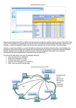 Muchas de las aplicaciones P2P no utilizan una base de datos central para registrar todos los archivos disponibles en los
puntos. Por el contrario, los dispositivos en la red se indican entre ellos qué archivos están disponibles cuando hay una
consulta, y utilizan el protocolo Gnutella y los servicios para respaldar los recursos ubicados. Consulte la figura.
Cuando un usuario se conecta a un servicio Gnutella, las aplicaciones del cliente buscarán otros nodos Gnutella para
conectarse. Estos nodos manejan las consultas para las ubicaciones de los recursos y responden a dichas solicitudes.
Además, gobiernan los mensajes de control que ayudan al servicio a descubrir otros nodos. Las verdaderas
transferencias de archivos generalmente dependen de los servicios HTTP.
El protocolo Gnutella define cinco tipos de paquetes diferentes:
• ping: para descubrir un dispositivo,
• pong: como respuesta a un ping,
• consulta: para ubicar un archivo,
• query hit: como respuesta a una consulta, y
• push: como una solicitud de descarga.
 