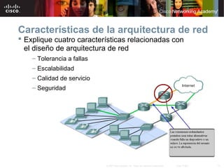 Características de la arquitectura de red
 Explique cuatro características relacionadas con
el diseño de arquitectura de red
– Tolerancia a fallas
– Escalabilidad
– Calidad de servicio
– Seguridad

© 2007 Cisco Systems, Inc. Todos los derechos reservados.

Cisco Public

13

 