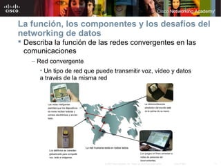 11© 2007 Cisco Systems, Inc. Todos los derechos reservados. Cisco Public
La función, los componentes y los desafíos del
networking de datos
 Describa la función de las redes convergentes en las
comunicaciones
– Red convergente
• Un tipo de red que puede transmitir voz, vídeo y datos
a través de la misma red
 