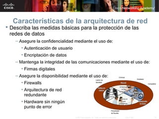 19© 2007 Cisco Systems, Inc. Todos los derechos reservados. Cisco Public
Características de la arquitectura de red
 Describa las medidas básicas para la protección de las
redes de datos
– Asegure la confidencialidad mediante el uso de:
• Autenticación de usuario
• Encriptación de datos
– Mantenga la integridad de las comunicaciones mediante el uso de:
• Firmas digitales
– Asegure la disponibilidad mediante el uso de:
• Firewalls
• Arquitectura de red
redundante
• Hardware sin ningún
punto de error
 