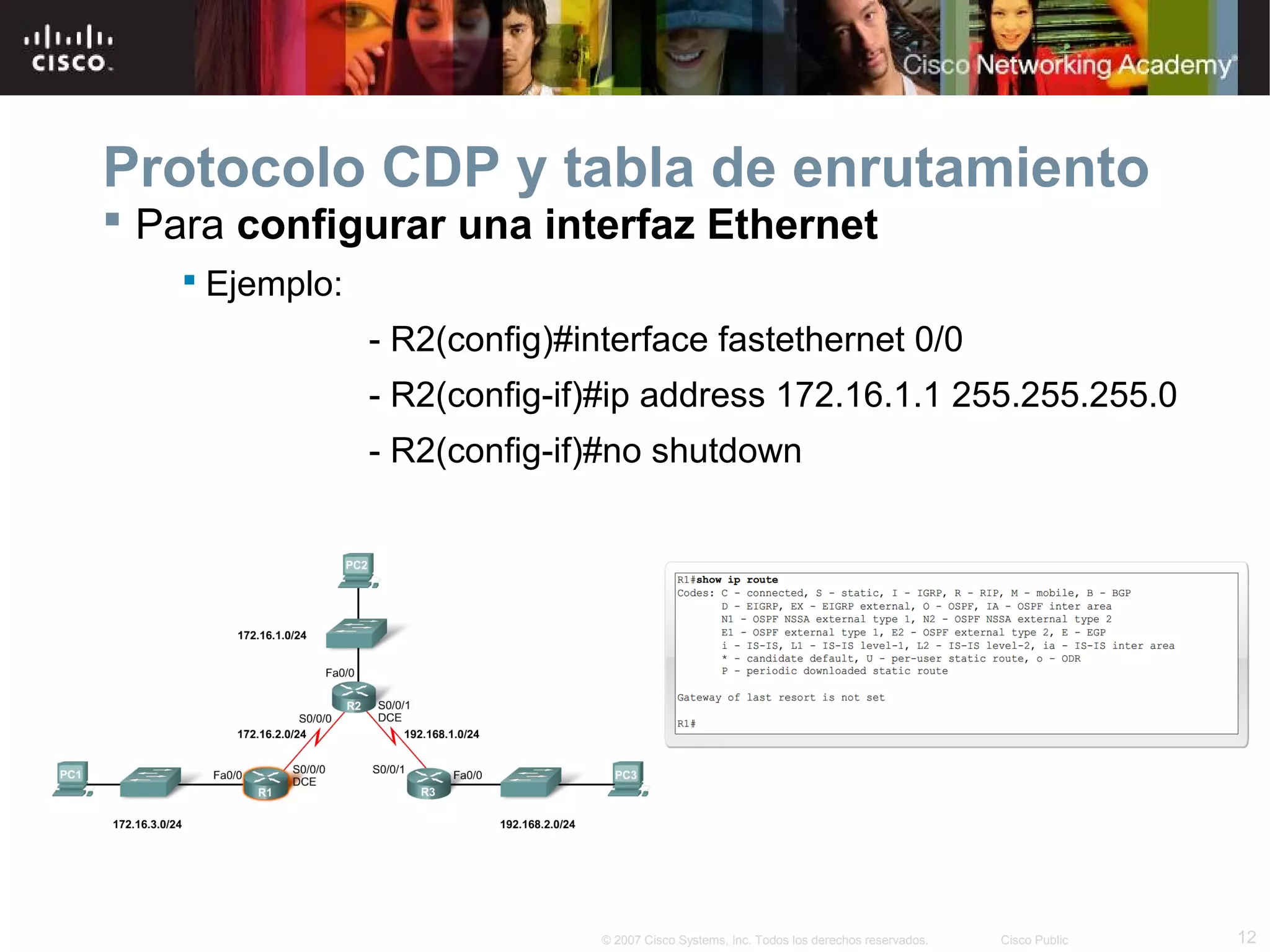 Protocolo CDP y tabla de enrutamiento
 Para configurar una interfaz Ethernet
 Ejemplo:

- R2(config)#interface fastethernet 0/0
- R2(config-if)#ip address 172.16.1.1 255.255.255.0
- R2(config-if)#no shutdown

© 2007 Cisco Systems, Inc. Todos los derechos reservados.

Cisco Public

12

 