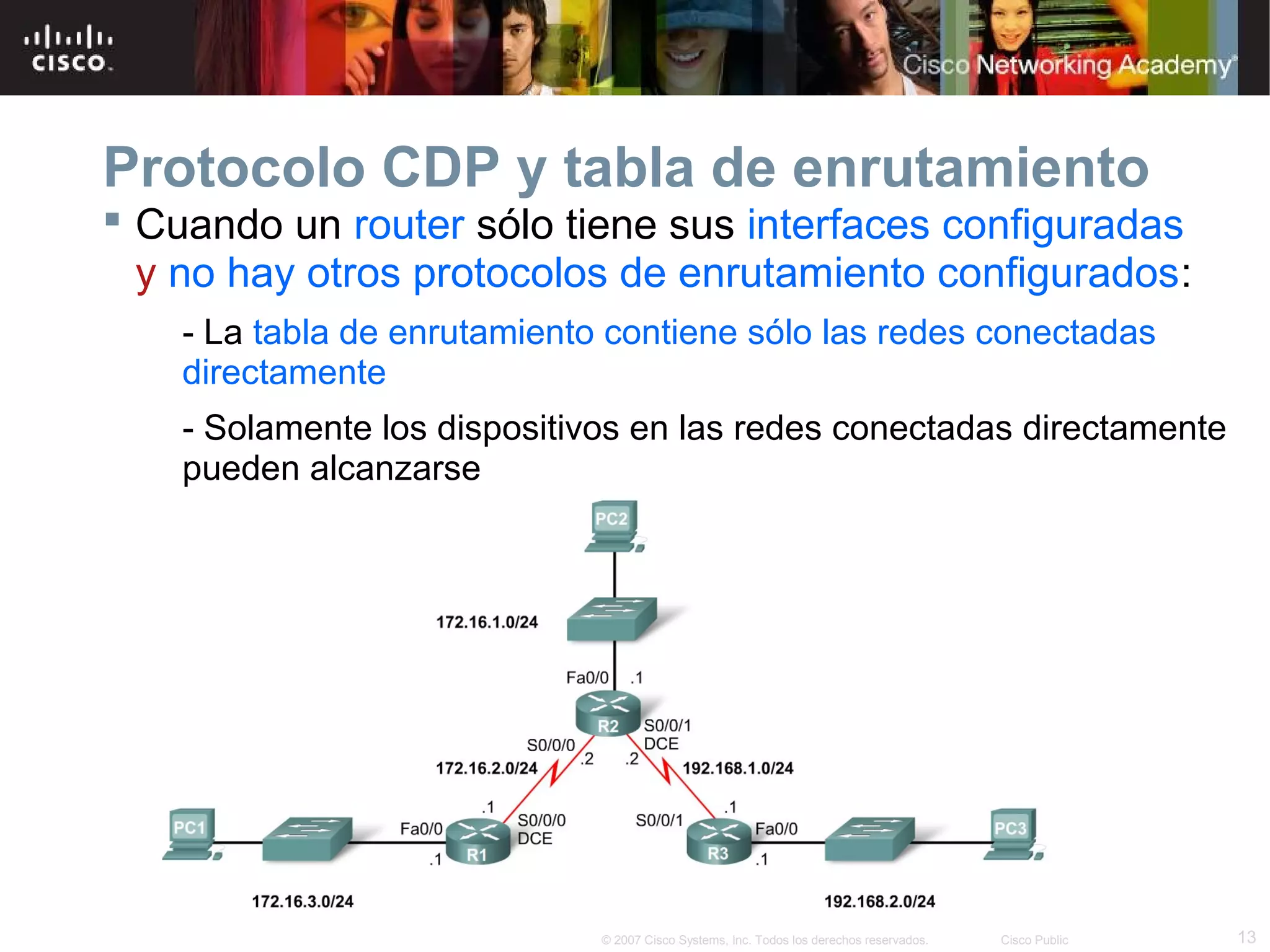 Protocolo CDP y tabla de enrutamiento
 Cuando un router sólo tiene sus interfaces configuradas
y no hay otros protocolos de enrutamiento configurados:
- La tabla de enrutamiento contiene sólo las redes conectadas
directamente
- Solamente los dispositivos en las redes conectadas directamente
pueden alcanzarse

© 2007 Cisco Systems, Inc. Todos los derechos reservados.

Cisco Public

13

 