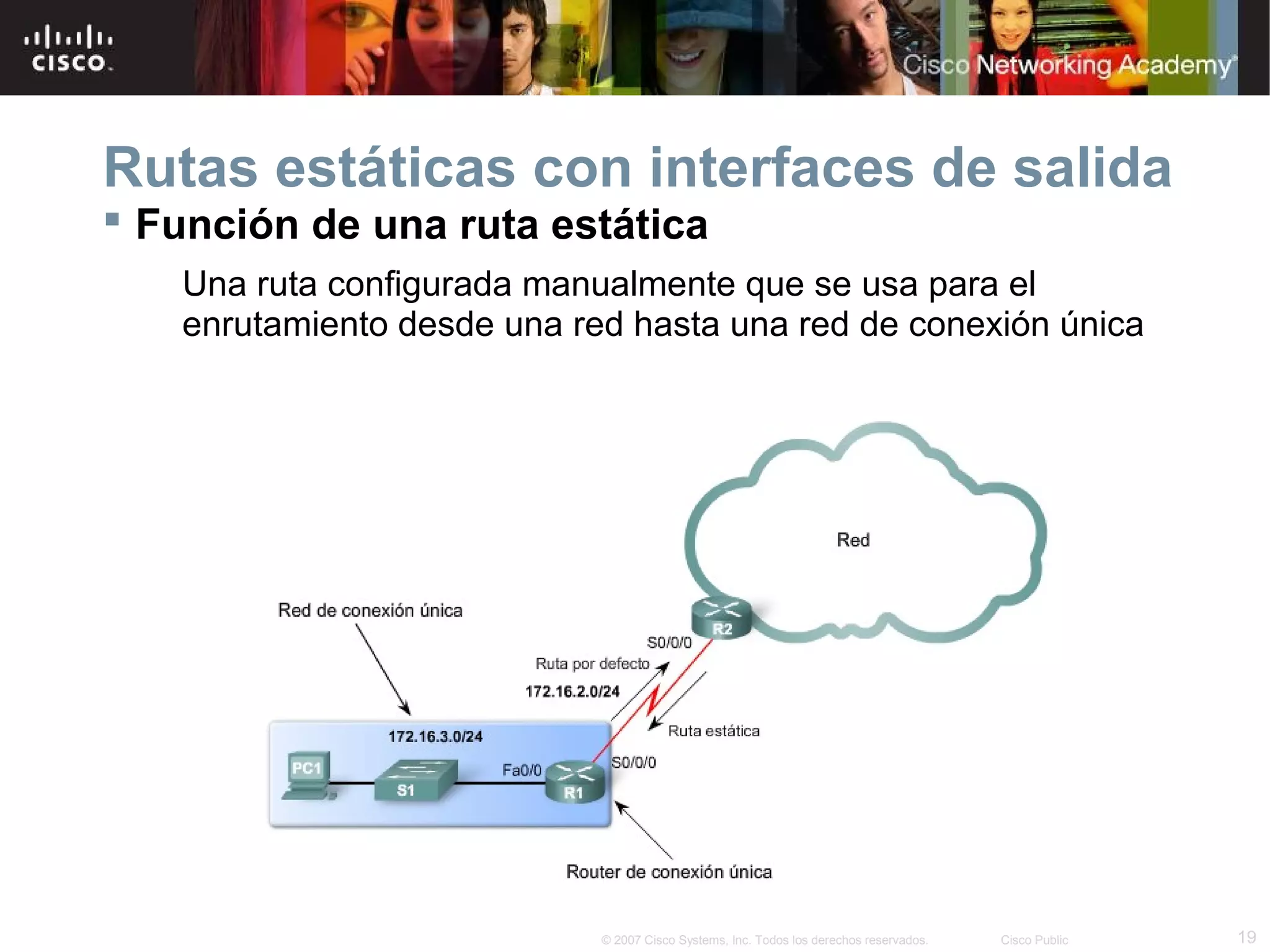 Rutas estáticas con interfaces de salida
 Función de una ruta estática
Una ruta configurada manualmente que se usa para el
enrutamiento desde una red hasta una red de conexión única

© 2007 Cisco Systems, Inc. Todos los derechos reservados.

Cisco Public

19

 