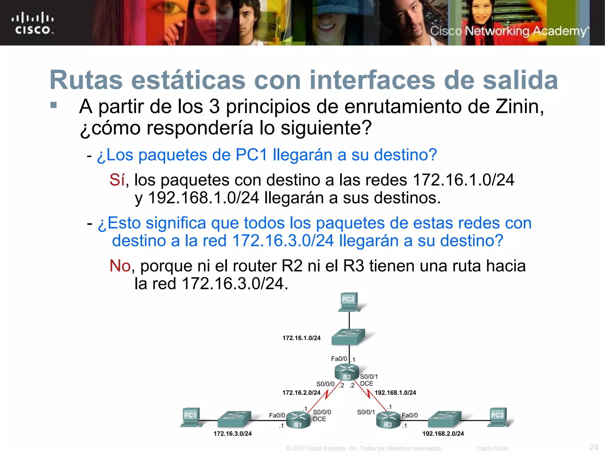Rutas estáticas con interfaces de salida


A partir de los 3 principios de enrutamiento de Zinin,
¿cómo respondería lo siguiente?
- ¿Los paquetes de PC1 llegarán a su destino?

Sí, los paquetes con destino a las redes 172.16.1.0/24
y 192.168.1.0/24 llegarán a sus destinos.
- ¿Esto significa que todos los paquetes de estas redes con
destino a la red 172.16.3.0/24 llegarán a su destino?
No, porque ni el router R2 ni el R3 tienen una ruta hacia
la red 172.16.3.0/24.

© 2007 Cisco Systems, Inc. Todos los derechos reservados.

Cisco Public

24

 
