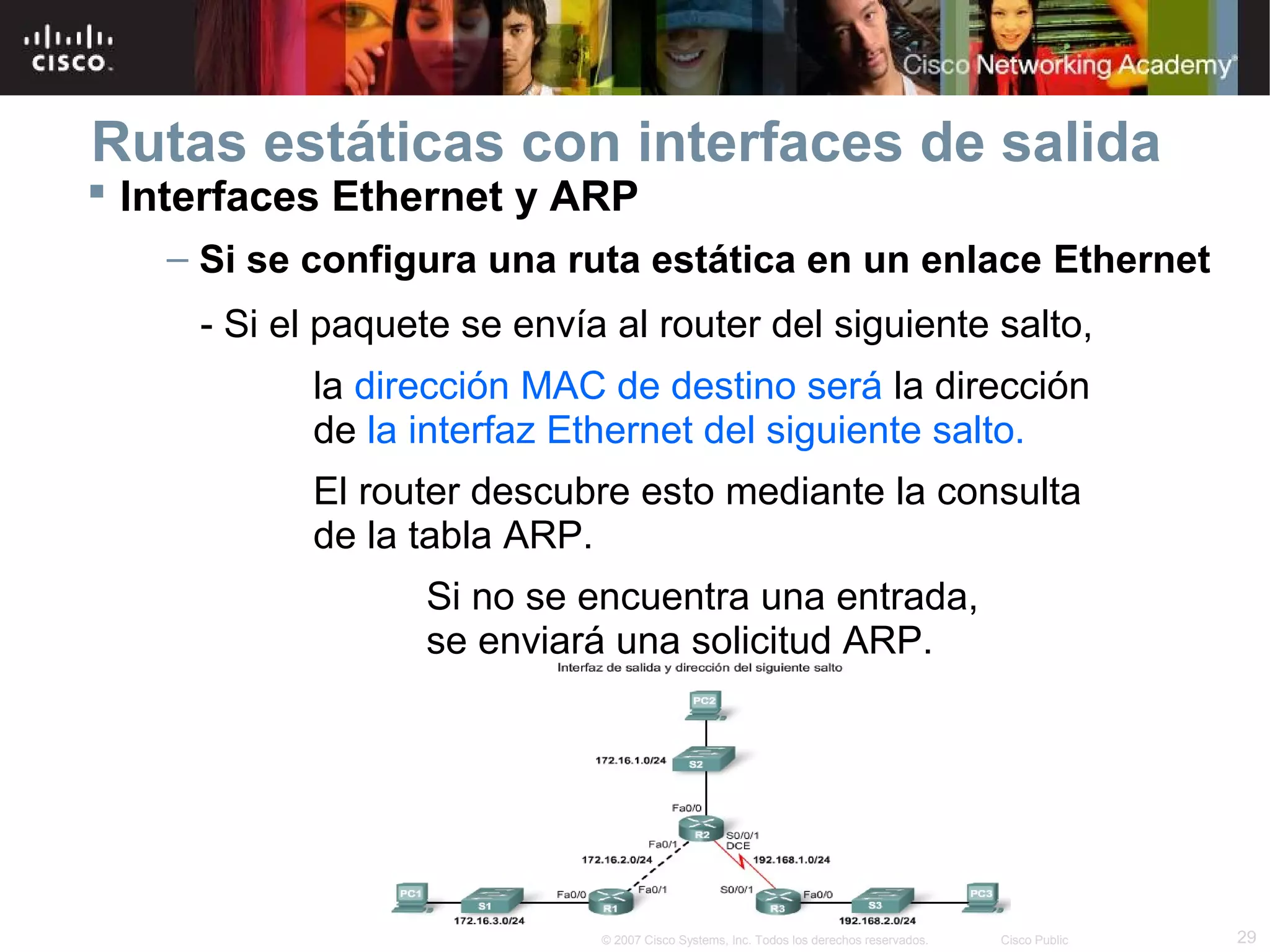 Rutas estáticas con interfaces de salida

 Interfaces Ethernet y ARP

– Si se configura una ruta estática en un enlace Ethernet
- Si el paquete se envía al router del siguiente salto,
la dirección MAC de destino será la dirección
de la interfaz Ethernet del siguiente salto.
El router descubre esto mediante la consulta
de la tabla ARP.
Si no se encuentra una entrada,
se enviará una solicitud ARP.

© 2007 Cisco Systems, Inc. Todos los derechos reservados.

Cisco Public

29

 