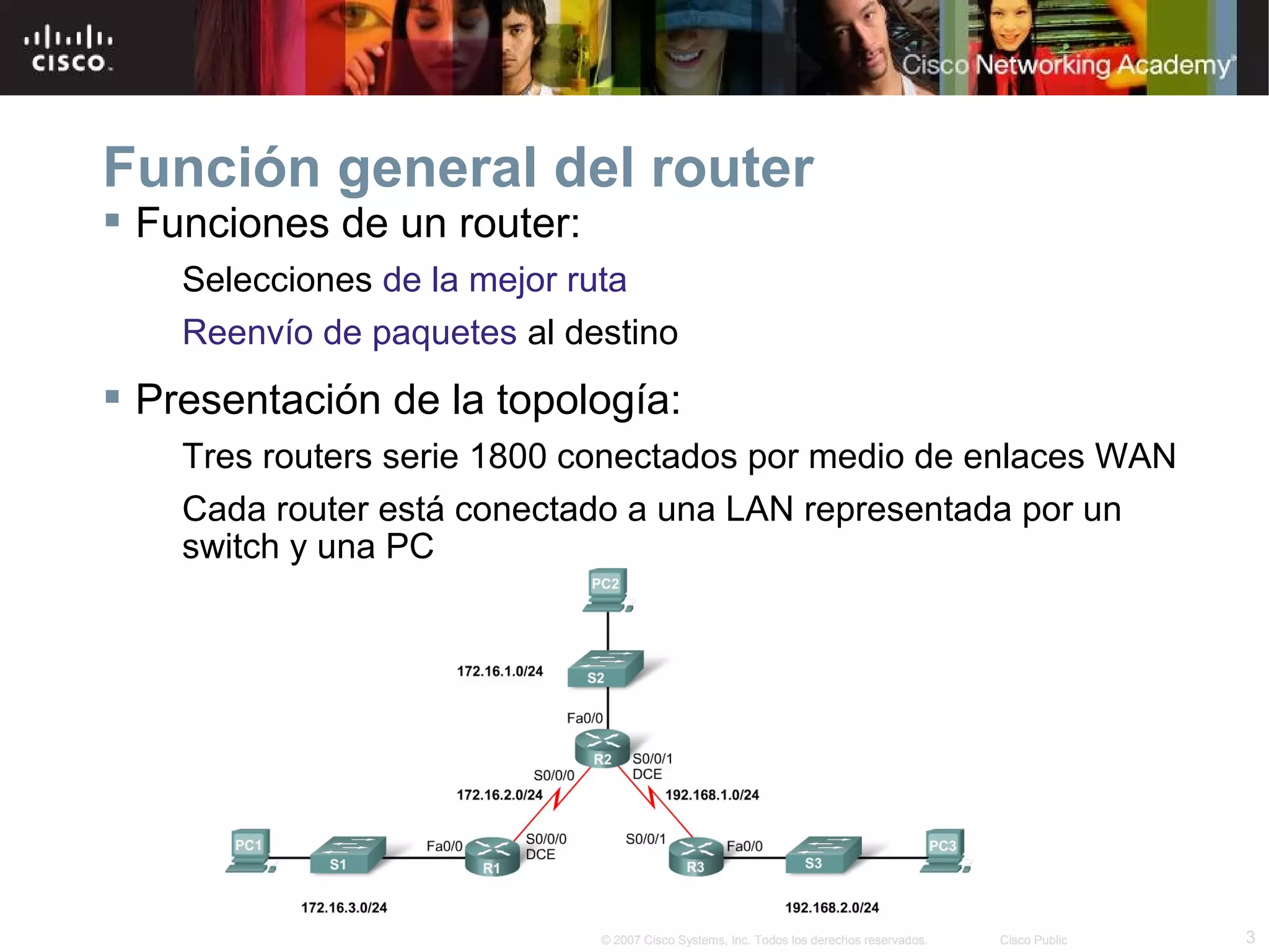 Función general del router
 Funciones de un router:
Selecciones de la mejor ruta
Reenvío de paquetes al destino

 Presentación de la topología:
Tres routers serie 1800 conectados por medio de enlaces WAN
Cada router está conectado a una LAN representada por un
switch y una PC

© 2007 Cisco Systems, Inc. Todos los derechos reservados.

Cisco Public

3

 