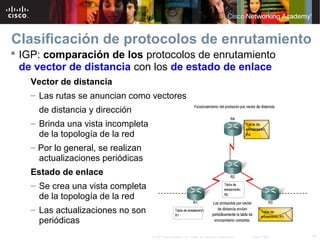 Clasificación de protocolos de enrutamiento
 IGP: comparación de los protocolos de enrutamiento
  de vector de distancia con los de estado de enlace
   Vector de distancia
   – Las rutas se anuncian como vectores
     de distancia y dirección
   – Brinda una vista incompleta
     de la topología de la red
   – Por lo general, se realizan
     actualizaciones periódicas
   Estado de enlace
   – Se crea una vista completa
     de la topología de la red
   – Las actualizaciones no son
     periódicas
                                   © 2007 Cisco Systems, Inc. Todos los derechos reservados.   Cisco Public   10
 