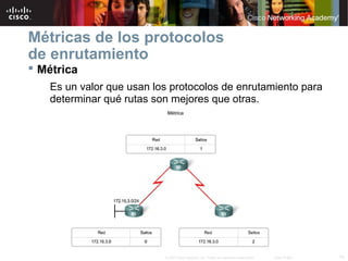 Métricas de los protocolos
de enrutamiento
 Métrica
   Es un valor que usan los protocolos de enrutamiento para
   determinar qué rutas son mejores que otras.




                          © 2007 Cisco Systems, Inc. Todos los derechos reservados.   Cisco Public   14
 