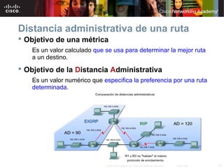 Distancia administrativa de una ruta
 Objetivo de una métrica
    Es un valor calculado que se usa para determinar la mejor ruta
    a un destino.
 Objetivo de la Distancia Administrativa
    Es un valor numérico que especifica la preferencia por una ruta
    determinada.




                              © 2007 Cisco Systems, Inc. Todos los derechos reservados.   Cisco Public   18
 