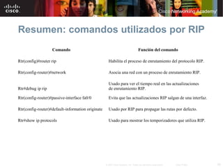 Resumen: comandos utilizados por RIP
                   Comando                                                         Función del comando

Rtr(config)#router rip                               Habilita el proceso de enrutamiento del protocolo RIP.

Rtr(config-router)#network                           Asocia una red con un proceso de enrutamiento RIP.

                                                     Usado para ver el tiempo real en las actualizaciones
Rtr#debug ip rip                                     de enrutamiento RIP.

Rtr(config-router)#passive-interface fa0/0           Evita que las actualizaciones RIP salgan de una interfaz.

Rtr(config-router)#default-information originate     Usado por RIP para propagar las rutas por defecto.

Rtr#show ip protocols                                Usado para mostrar los temporizadores que utiliza RIP.




                                                   © 2007 Cisco Systems, Inc. Todos los derechos reservados.   Cisco Public   28
 