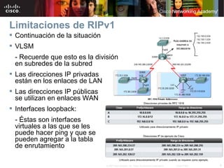 Limitaciones de RIPv1
 Continuación de la situación
 VLSM
 - Recuerde que esto es la división
 en subredes de la subred
 Las direcciones IP privadas
  están en los enlaces de LAN
 Las direcciones IP públicas
  se utilizan en enlaces WAN
 Interfaces loopback:
 - Éstas son interfaces
 virtuales a las que se les
 puede hacer ping y que se
 pueden agregar a la tabla
 de enrutamiento

                                 © 2007 Cisco Systems, Inc. Todos los derechos reservados.   Cisco Public   6
 