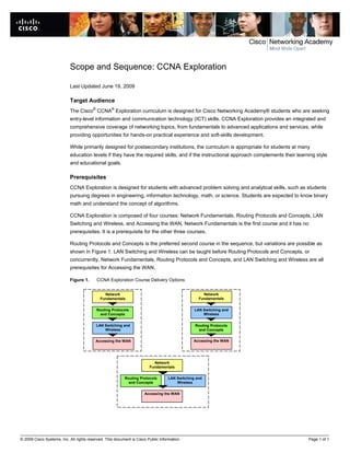 Scope and Sequence: CCNA Exploration

                           Last Updated June 19, 2009

                           Target Audience
                           The Cisco® CCNA® Exploration curriculum is designed for Cisco Networking Academy® students who are seeking
                           entry-level information and communication technology (ICT) skills. CCNA Exploration provides an integrated and
                           comprehensive coverage of networking topics, from fundamentals to advanced applications and services, while
                           providing opportunities for hands-on practical experience and soft-skills development.

                           While primarily designed for postsecondary institutions, the curriculum is appropriate for students at many
                           education levels if they have the required skills, and if the instructional approach complements their learning style
                           and educational goals.

                           Prerequisites
                           CCNA Exploration is designed for students with advanced problem solving and analytical skills, such as students
                           pursuing degrees in engineering, information technology, math, or science. Students are expected to know binary
                           math and understand the concept of algorithms.

                           CCNA Exploration is composed of four courses: Network Fundamentals, Routing Protocols and Concepts, LAN
                           Switching and Wireless, and Accessing the WAN. Network Fundamentals is the first course and it has no
                           prerequisites. It is a prerequisite for the other three courses.

                           Routing Protocols and Concepts is the preferred second course in the sequence, but variations are possible as
                           shown in Figure 1. LAN Switching and Wireless can be taught before Routing Protocols and Concepts, or
                           concurrently. Network Fundamentals, Routing Protocols and Concepts, and LAN Switching and Wireless are all
                           prerequisites for Accessing the WAN.

                           Figure 1.      CCNA Exploration Course Delivery Options


                                              Network                                               Network
                                            Fundamentals                                          Fundamentals


                                          Routing Protocols                                     LAN Switching and
                                            and Concepts                                            Wireless


                                          LAN Switching and                                     Routing Protocols
                                              Wireless                                            and Concepts


                                          Accessing the WAN                                    Accessing the WAN




                                                                          Network
                                                                        Fundamentals


                                                          Routing Protocols        LAN Switching and
                                                            and Concepts               Wireless


                                                                     Accessing the WAN




© 2009 Cisco Systems, Inc. All rights reserved. This document is Cisco Public Information.                                             Page 1 of 1
 