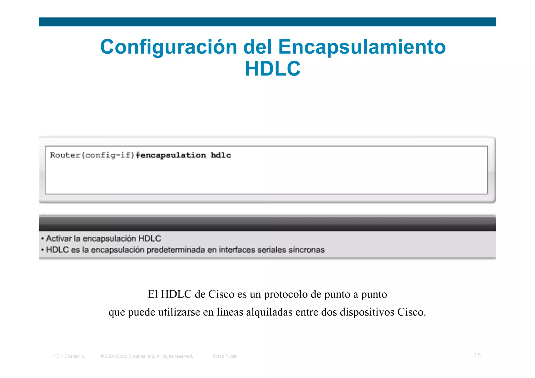 Configuración del Encapsulamiento
                                HDLC




                                         El HDLC de Cisco es un protocolo de punto a punto
                      que puede utilizarse en líneas alquiladas entre dos dispositivos Cisco.


ITE 1 Chapter 6   © 2006 Cisco Systems, Inc. All rights reserved.   Cisco Public                15
 