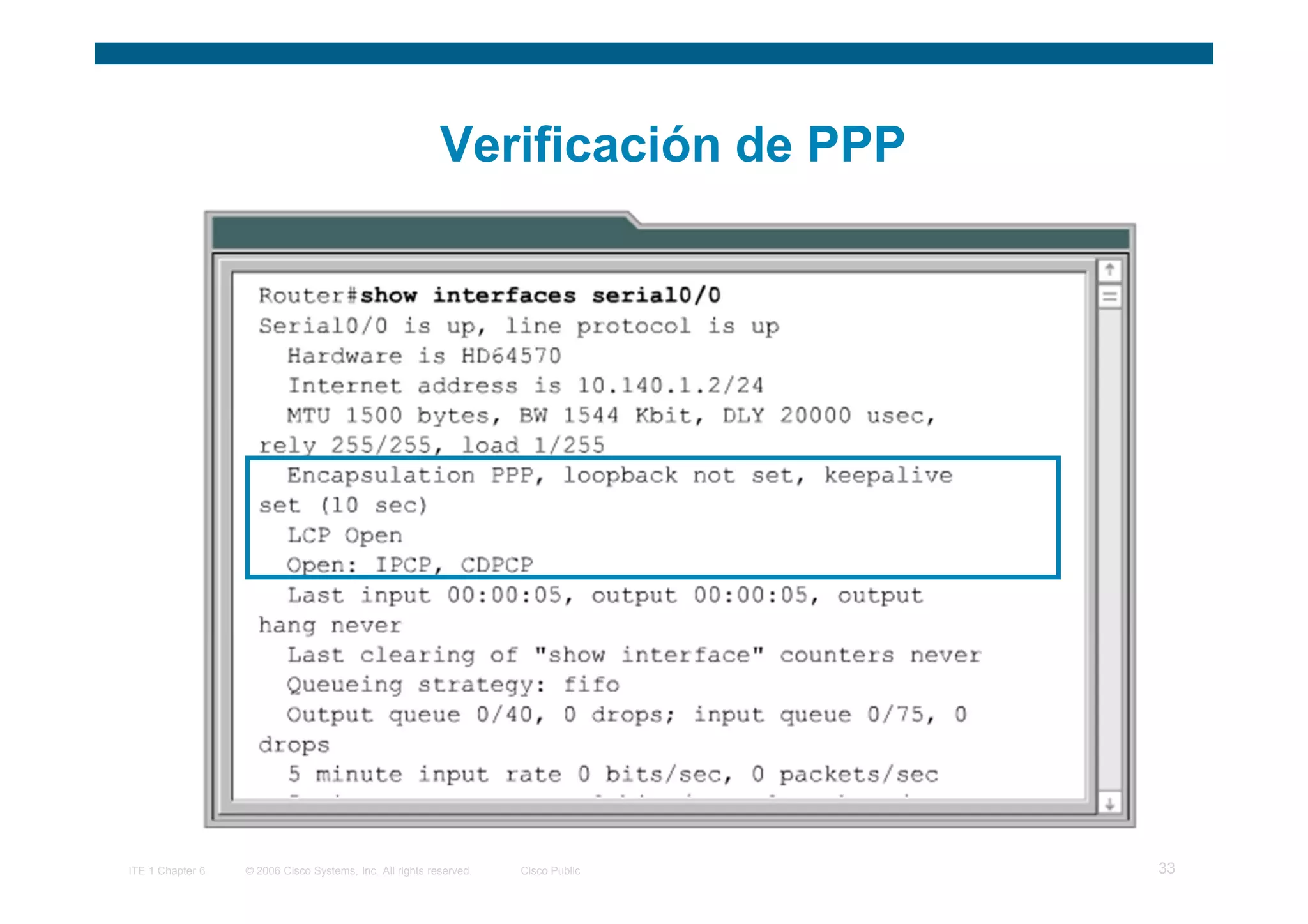 Verificación de PPP




ITE 1 Chapter 6   © 2006 Cisco Systems, Inc. All rights reserved.   Cisco Public   33
 