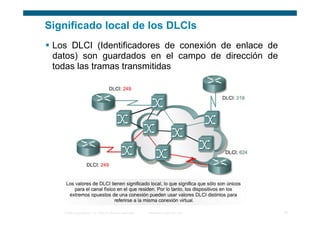 Significado local de los DLCIs
 Los DLCI (Identificadores de conexión de enlace de
 datos) son guardados en el campo de dirección de
 todas las tramas transmitidas




   © 2006 Cisco Systems, Inc. Todos los derechos reservados.   Información pública de Cisco   10
 