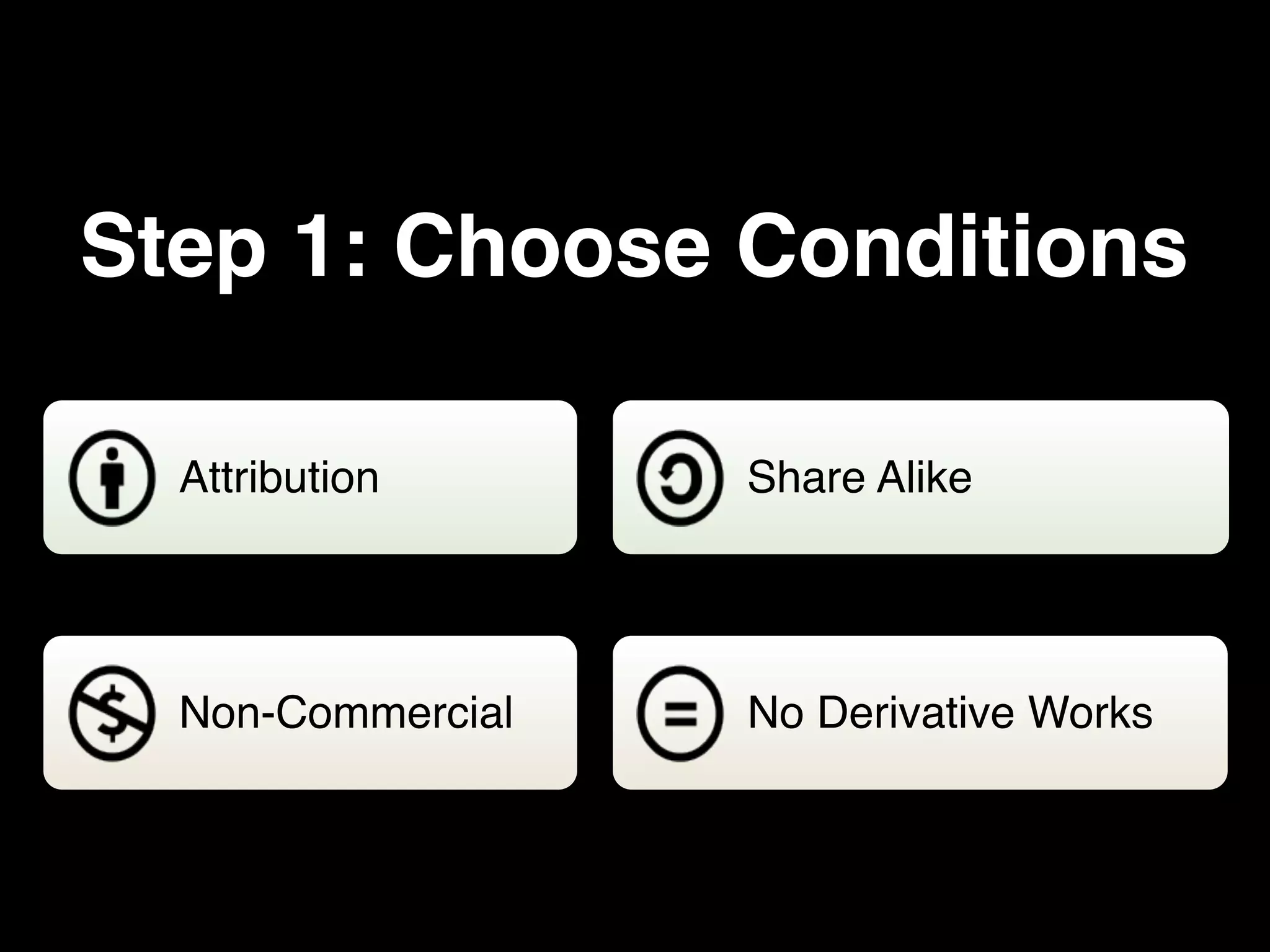 Step 1: Choose Conditions
Attribution Share Alike
Non-Commercial No Derivative Works