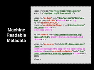 <span xmlns:cc="http://creativecommons.org/ns#"
           xmlns:dc="http://purl.org/dc/elements/1.1/">

           <span rel="dc:type" href="http://purl.org/dc/dcmitype/
           Text" property="dc:title">My Photo</span> by
           <a rel="cc:attributionURL"
           property="cc:attributionName" href="http://joi.ito.com/
           my_photo">Joi Ito</a>
Machine    is licensed under a


Readable   <a rel="license" href="http://creativecommons.org/
           licenses/by/3.0/">Creative Commons Attribution 3.0
           License</a>.
Metadata
           <span rel="dc:source" href="http://fredbenenson.com/
           photo"/>
           Permissions beyond the scope of this license may be
           available at <a rel="cc:morePermissions" href="http://
           ozmo.com/revenue_sharing_agreement">OZMO</a>.</
           span>
           </span>
 
