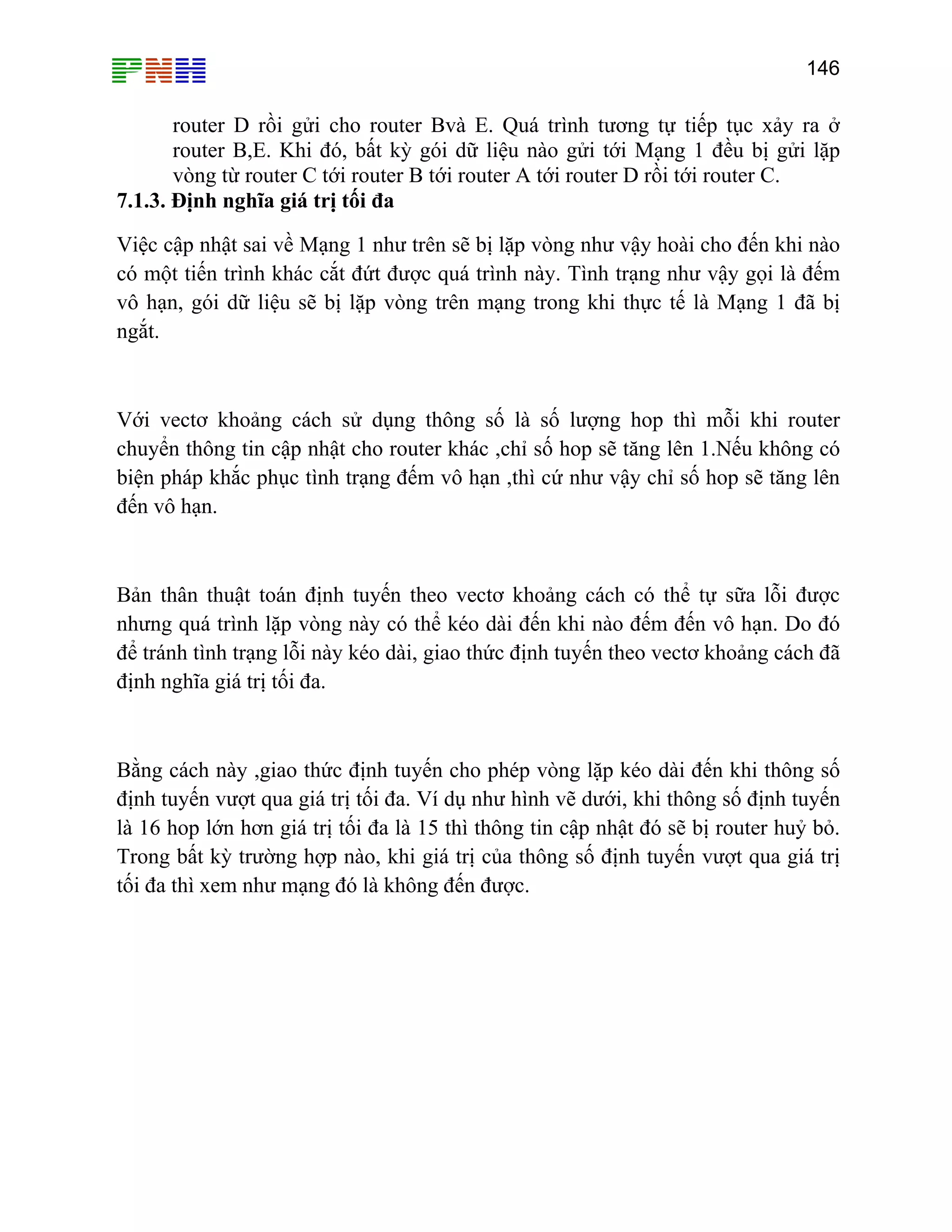 146

router D rồi gửi cho router Bvà E. Quá trình tương tự tiếp tục xảy ra ở
router B,E. Khi đó, bất kỳ gói dữ liệu nào gửi tới Mạng 1 đều bị gửi lặp
vòng từ router C tới router B tới router A tới router D rồi tới router C.
7.1.3. Định nghĩa giá trị tối đa
Việc cập nhật sai về Mạng 1 như trên sẽ bị lặp vòng như vậy hoài cho đến khi nào
có một tiến trình khác cắt đứt được quá trình này. Tình trạng như vậy gọi là đếm
vô hạn, gói dữ liệu sẽ bị lặp vòng trên mạng trong khi thực tế là Mạng 1 đã bị
ngắt.

Với vectơ khoảng cách sử dụng thông số là số lượng hop thì mỗi khi router
chuyển thông tin cập nhật cho router khác ,chỉ số hop sẽ tăng lên 1.Nếu không có
biện pháp khắc phục tình trạng đếm vô hạn ,thì cứ như vậy chỉ số hop sẽ tăng lên
đến vô hạn.

Bản thân thuật toán định tuyến theo vectơ khoảng cách có thể tự sữa lỗi được
nhưng quá trình lặp vòng này có thể kéo dài đến khi nào đếm đến vô hạn. Do đó
để tránh tình trạng lỗi này kéo dài, giao thức định tuyến theo vectơ khoảng cách đã
định nghĩa giá trị tối đa.

Bằng cách này ,giao thức định tuyến cho phép vòng lặp kéo dài đến khi thông số
định tuyến vượt qua giá trị tối đa. Ví dụ như hình vẽ dưới, khi thông số định tuyến
là 16 hop lớn hơn giá trị tối đa là 15 thì thông tin cập nhật đó sẽ bị router huỷ bỏ.
Trong bất kỳ trường hợp nào, khi giá trị của thông số định tuyến vượt qua giá trị
tối đa thì xem như mạng đó là không đến được.

 