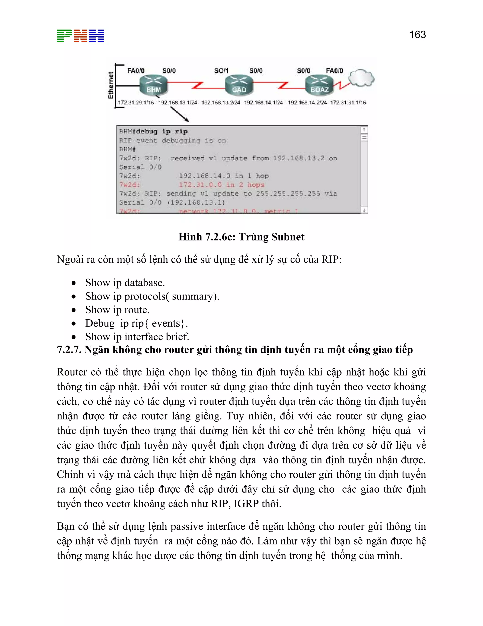 163

Hình 7.2.6c: Trùng Subnet
Ngoài ra còn một số lệnh có thể sử dụng để xử lý sự cố của RIP:
• Show ip database.
• Show ip protocols( summary).
• Show ip route.
• Debug ip rip{ events}.
• Show ip interface brief.
7.2.7. Ngăn không cho router gửi thông tin định tuyến ra một cổng giao tiếp
Router có thể thực hiện chọn lọc thông tin định tuyến khi cập nhật hoặc khi gửi
thông tin cập nhật. Đối với router sử dụng giao thức định tuyến theo vectơ khoảng
cách, cơ chế này có tác dụng vì router định tuyến dựa trên các thông tin định tuyến
nhận được từ các router láng giềng. Tuy nhiên, đối với các router sử dụng giao
thức định tuyến theo trạng thái đường liên kết thì cơ chể trên không hiệu quả vì
các giao thức định tuyến này quyết định chọn đường đi dựa trên cơ sở dữ liệu về
trạng thái các đường liên kết chứ không dựa vào thông tin định tuyến nhận được.
Chính vì vậy mà cách thực hiện để ngăn không cho router gửi thông tin định tuyến
ra một cổng giao tiếp được đề cập dưới đây chỉ sử dụng cho các giao thức định
tuyến theo vectơ khoảng cách như RIP, IGRP thôi.
Bạn có thể sử dụng lệnh passive interface để ngăn không cho router gửi thông tin
cập nhật về định tuyến ra một cổng nào đó. Làm như vậy thì bạn sẽ ngăn được hệ
thống mạng khác học được các thông tin định tuyến trong hệ thống của mình.

 