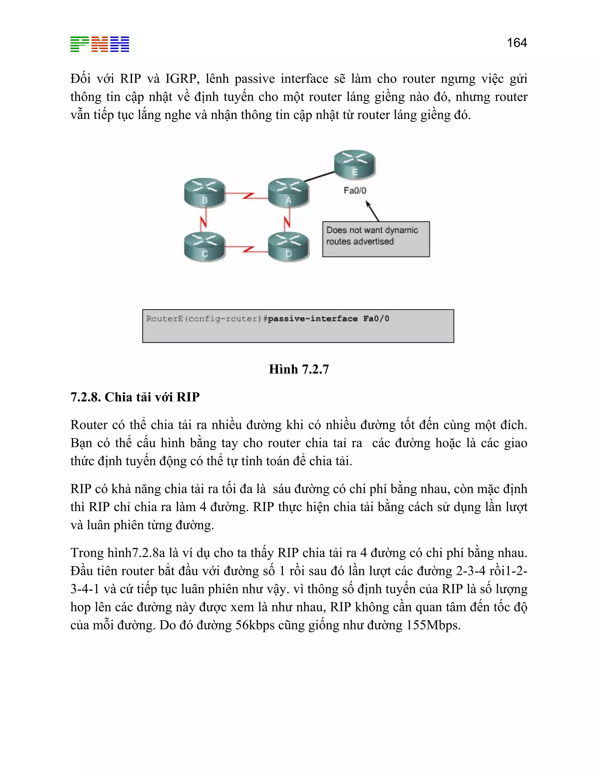 164

Đối với RIP và IGRP, lênh passive interface sẽ làm cho router ngưng việc gửi
thông tin cập nhật về định tuyến cho một router láng giềng nào đó, nhưng router
vẫn tiếp tục lắng nghe và nhận thông tin cập nhật từ router láng giềng đó.

Hình 7.2.7
7.2.8. Chia tải với RIP
Router có thể chia tải ra nhiều đường khi có nhiều đường tốt đến cùng một đích.
Bạn có thể cấu hình bằng tay cho router chia taỉ ra các đường hoặc là các giao
thức định tuyến động có thể tự tính toán để chia tải.
RIP có khả năng chia tải ra tối đa là sáu đường có chi phí bằng nhau, còn mặc định
thì RIP chỉ chia ra làm 4 đường. RIP thực hiện chia tải bằng cách sử dụng lần lượt
và luân phiên từng đường.
Trong hình7.2.8a là ví dụ cho ta thấy RIP chia tải ra 4 đường có chi phí bằng nhau.
Đầu tiên router bẳt đầu với đường số 1 rồi sau đó lần lượt các đường 2-3-4 rồi1-23-4-1 và cứ tiếp tục luân phiên như vậy. vì thông số định tuyến của RIP là số lượng
hop lên các đường này được xem là như nhau, RIP không cần quan tâm đến tốc độ
của mỗi đường. Do đó đường 56kbps cũng giống như đường 155Mbps.

 