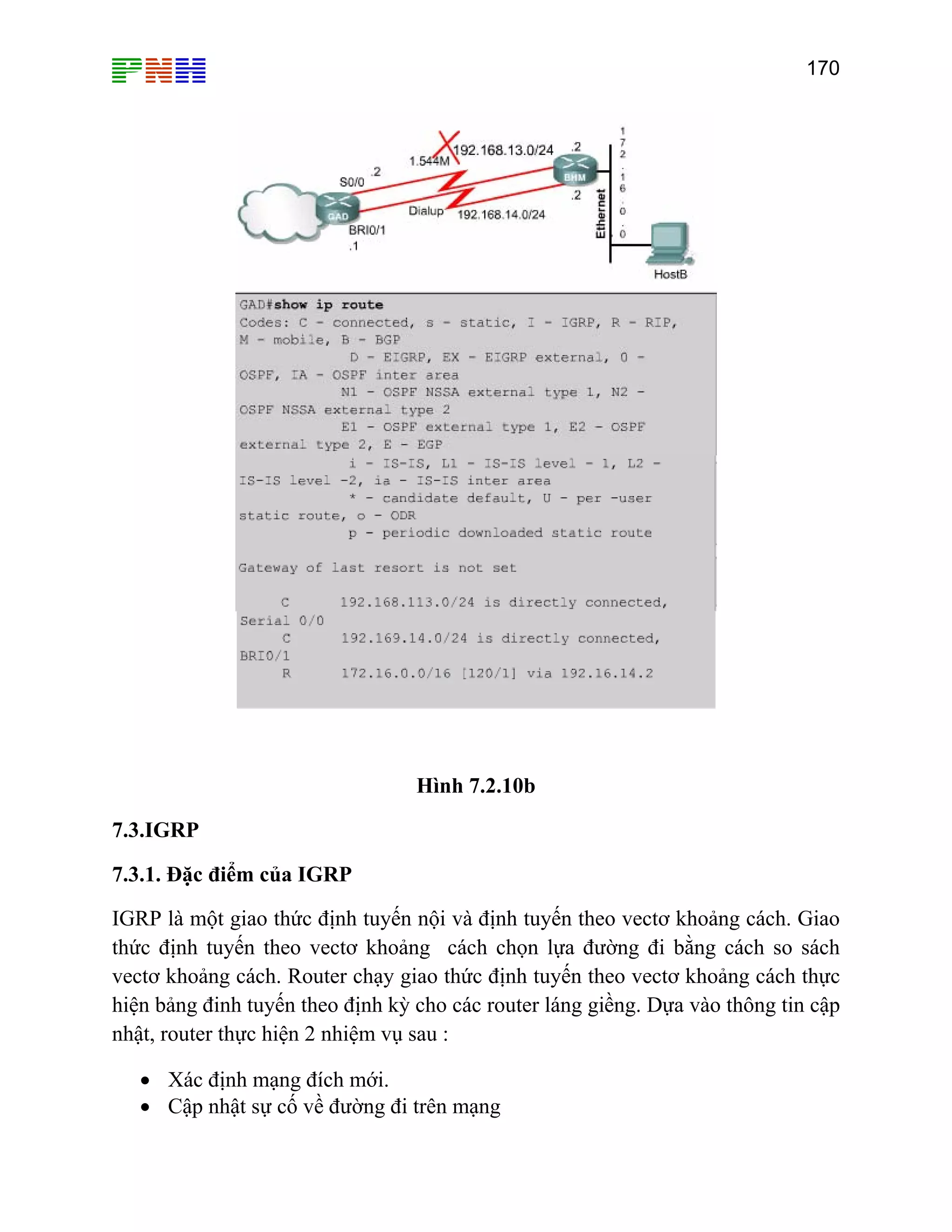 170

Hình 7.2.10b
7.3.IGRP
7.3.1. Đặc điểm của IGRP
IGRP là một giao thức định tuyến nội và định tuyến theo vectơ khoảng cách. Giao
thức định tuyến theo vectơ khoảng cách chọn lựa đường đi bằng cách so sách
vectơ khoảng cách. Router chạy giao thức định tuyến theo vectơ khoảng cách thực
hiện bảng đinh tuyến theo định kỳ cho các router láng giềng. Dựa vào thông tin cập
nhật, router thực hiện 2 nhiệm vụ sau :
• Xác định mạng đích mới.
• Cập nhật sự cố về đường đi trên mạng

 