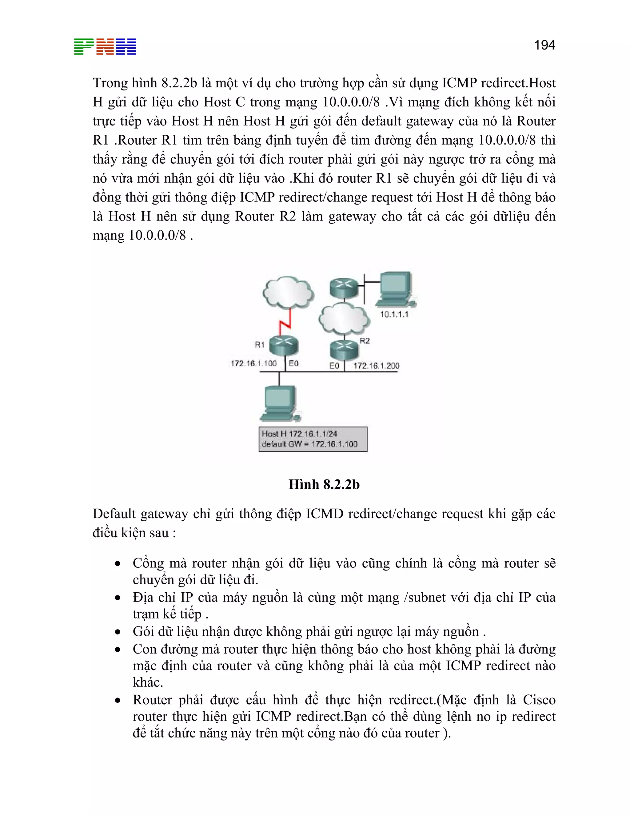 194

Trong hình 8.2.2b là một ví dụ cho trường hợp cần sử dụng ICMP redirect.Host
H gửi dữ liệu cho Host C trong mạng 10.0.0.0/8 .Vì mạng đích không kết nối
trực tiếp vào Host H nên Host H gửi gói đến default gateway của nó là Router
R1 .Router R1 tìm trên bảng định tuyến để tìm đường đến mạng 10.0.0.0/8 thì
thấy rằng để chuyển gói tới đích router phải gửi gói này ngược trở ra cổng mà
nó vừa mới nhận gói dữ liệu vào .Khi đó router R1 sẽ chuyển gói dữ liệu đi và
đồng thời gửi thông điệp ICMP redirect/change request tới Host H để thông báo
là Host H nên sử dụng Router R2 làm gateway cho tất cả các gói dữliệu đến
mạng 10.0.0.0/8 .

Hình 8.2.2b
Default gateway chỉ gửi thông điệp ICMD redirect/change request khi gặp các
điều kiện sau :
• Cổng mà router nhận gói dữ liệu vào cũng chính là cổng mà router sẽ
chuyển gói dữ liệu đi.
• Địa chỉ IP của máy nguồn là cùng một mạng /subnet với địa chỉ IP của
trạm kế tiếp .
• Gói dữ liệu nhận được không phải gửi ngược lại máy nguồn .
• Con đường mà router thực hiện thông báo cho host không phải là đường
mặc định của router và cũng không phải là của một ICMP redirect nào
khác.
• Router phải được cấu hình để thực hiện redirect.(Mặc định là Cisco
router thực hiện gửi ICMP redirect.Bạn có thể dùng lệnh no ip redirect
để tắt chức năng này trên một cổng nào đó của router ).

 