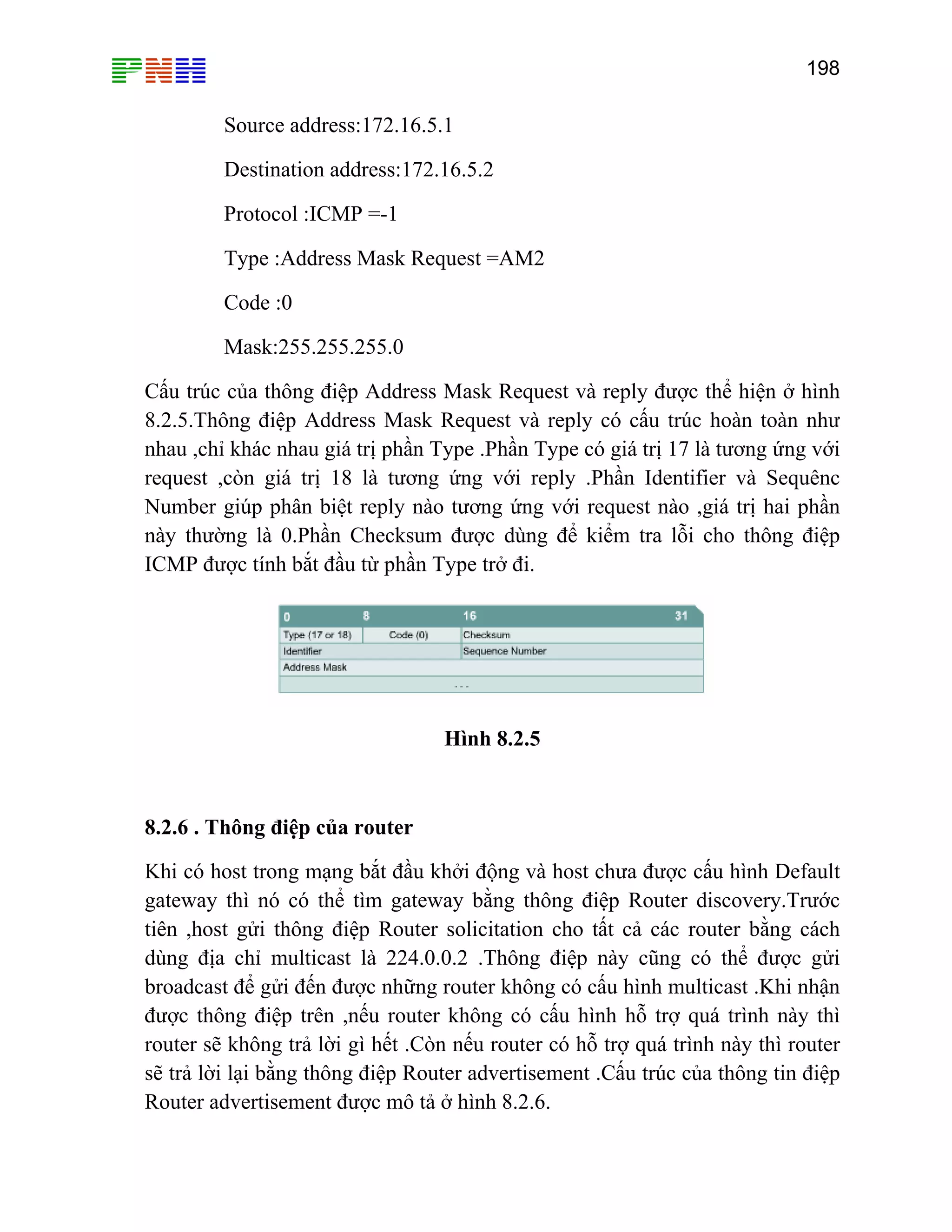 198

Source address:172.16.5.1
Destination address:172.16.5.2
Protocol :ICMP =-1
Type :Address Mask Request =AM2
Code :0
Mask:255.255.255.0
Cấu trúc của thông điệp Address Mask Request và reply được thể hiện ở hình
8.2.5.Thông điệp Address Mask Request và reply có cấu trúc hoàn toàn như
nhau ,chỉ khác nhau giá trị phần Type .Phần Type có giá trị 17 là tương ứng với
request ,còn giá trị 18 là tương ứng với reply .Phần Identifier và Sequênc
Number giúp phân biệt reply nào tương ứng với request nào ,giá trị hai phần
này thường là 0.Phần Checksum được dùng để kiểm tra lỗi cho thông điệp
ICMP được tính bắt đầu từ phần Type trở đi.

Hình 8.2.5

8.2.6 . Thông điệp của router
Khi có host trong mạng bắt đầu khởi động và host chưa được cấu hình Default
gateway thì nó có thể tìm gateway bằng thông điệp Router discovery.Trước
tiên ,host gửi thông điệp Router solicitation cho tất cả các router bằng cách
dùng địa chỉ multicast là 224.0.0.2 .Thông điệp này cũng có thể được gửi
broadcast để gửi đến được những router không có cấu hình multicast .Khi nhận
được thông điệp trên ,nếu router không có cấu hình hỗ trợ quá trình này thì
router sẽ không trả lời gì hết .Còn nếu router có hỗ trợ quá trình này thì router
sẽ trả lời lại bằng thông điệp Router advertisement .Cấu trúc của thông tin điệp
Router advertisement được mô tả ở hình 8.2.6.

 