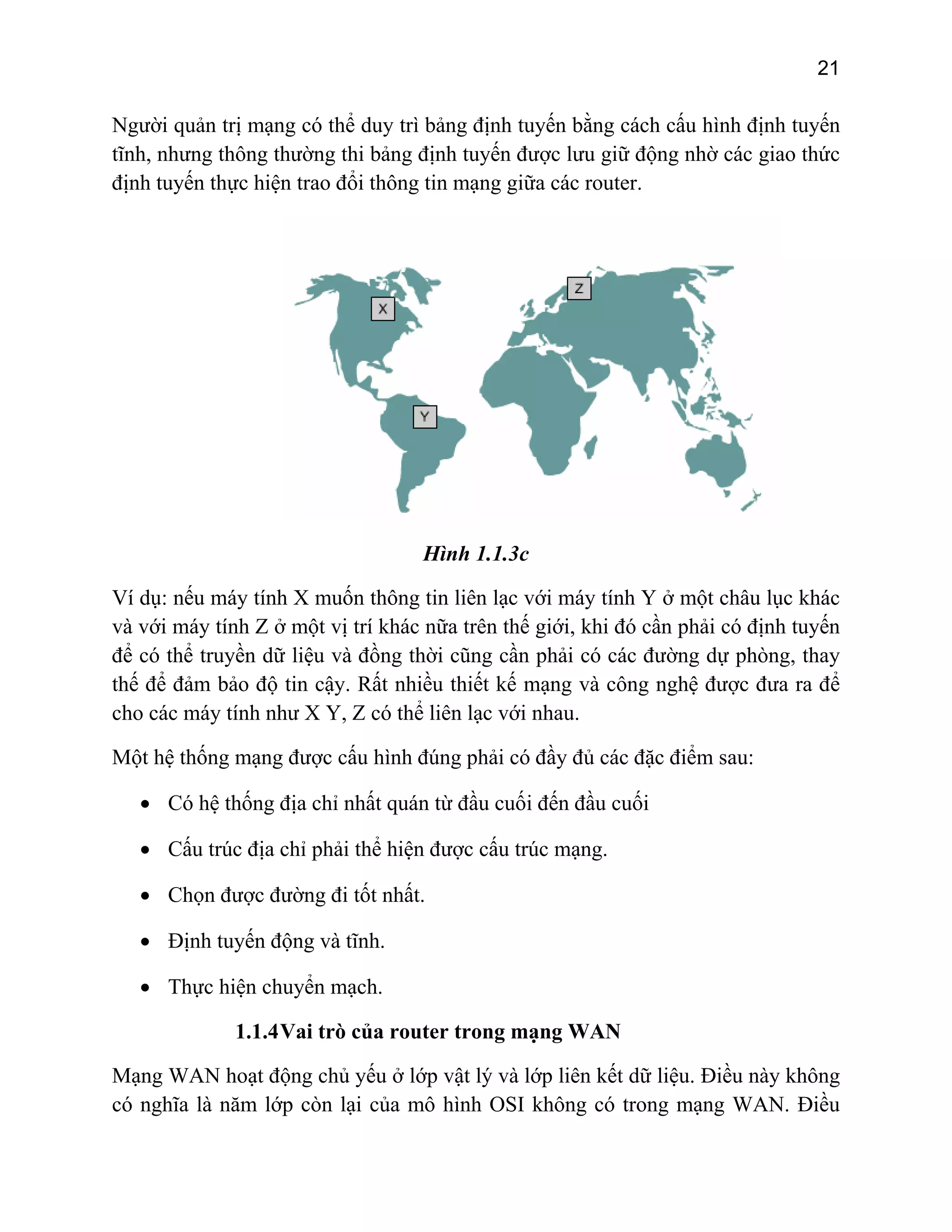 21

Người quản trị mạng có thể duy trì bảng định tuyến bằng cách cấu hình định tuyến
tĩnh, nhưng thông thường thi bảng định tuyến được lưu giữ động nhờ các giao thức
định tuyến thực hiện trao đổi thông tin mạng giữa các router.

Hình 1.1.3c
Ví dụ: nếu máy tính X muốn thông tin liên lạc với máy tính Y ở một châu lục khác
và với máy tính Z ở một vị trí khác nữa trên thế giới, khi đó cần phải có định tuyến
để có thể truyền dữ liệu và đồng thời cũng cần phải có các đường dự phòng, thay
thế để đảm bảo độ tin cậy. Rất nhiều thiết kế mạng và công nghệ được đưa ra để
cho các máy tính như X Y, Z có thể liên lạc với nhau.
Một hệ thống mạng được cấu hình đúng phải có đầy đủ các đặc điểm sau:
• Có hệ thống địa chỉ nhất quán từ đầu cuối đến đầu cuối
• Cấu trúc địa chỉ phải thể hiện được cấu trúc mạng.
• Chọn được đường đi tốt nhất.
• Định tuyến động và tĩnh.
• Thực hiện chuyển mạch.
1.1.4 Vai trò của router trong mạng WAN
Mạng WAN hoạt động chủ yếu ở lớp vật lý và lớp liên kết dữ liệu. Điều này không
có nghĩa là năm lớp còn lại của mô hình OSI không có trong mạng WAN. Điều

 