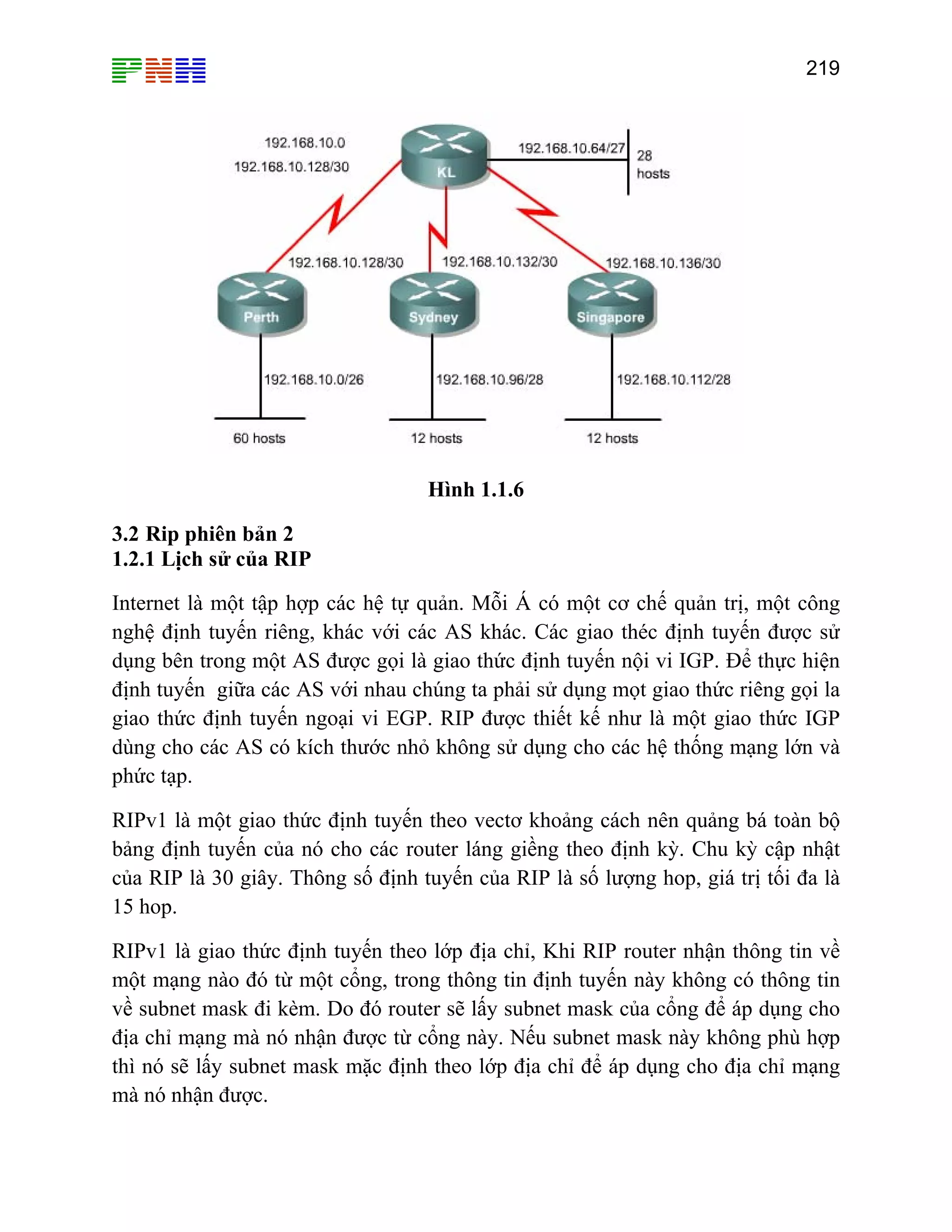219

Hình 1.1.6
3.2 Rip phiên bản 2
1.2.1 Lịch sử của RIP
Internet là một tập hợp các hệ tự quản. Mỗi Á có một cơ chế quản trị, một công
nghệ định tuyến riêng, khác với các AS khác. Các giao théc định tuyến được sử
dụng bên trong một AS được gọi là giao thức định tuyến nội vi IGP. Để thực hiện
định tuyến giữa các AS với nhau chúng ta phải sử dụng mọt giao thức riêng gọi la
giao thức định tuyến ngoại vi EGP. RIP được thiết kế như là một giao thức IGP
dùng cho các AS có kích thước nhỏ không sử dụng cho các hệ thống mạng lớn và
phức tạp.
RIPv1 là một giao thức định tuyến theo vectơ khoảng cách nên quảng bá toàn bộ
bảng định tuyến của nó cho các router láng giềng theo định kỳ. Chu kỳ cập nhật
của RIP là 30 giây. Thông số định tuyến của RIP là số lượng hop, giá trị tối đa là
15 hop.
RIPv1 là giao thức định tuyến theo lớp địa chỉ, Khi RIP router nhận thông tin về
một mạng nào đó từ một cổng, trong thông tin định tuyến này không có thông tin
về subnet mask đi kèm. Do đó router sẽ lấy subnet mask của cổng để áp dụng cho
địa chỉ mạng mà nó nhận được từ cổng này. Nếu subnet mask này không phù hợp
thì nó sẽ lấy subnet mask mặc định theo lớp địa chỉ để áp dụng cho địa chỉ mạng
mà nó nhận được.

 