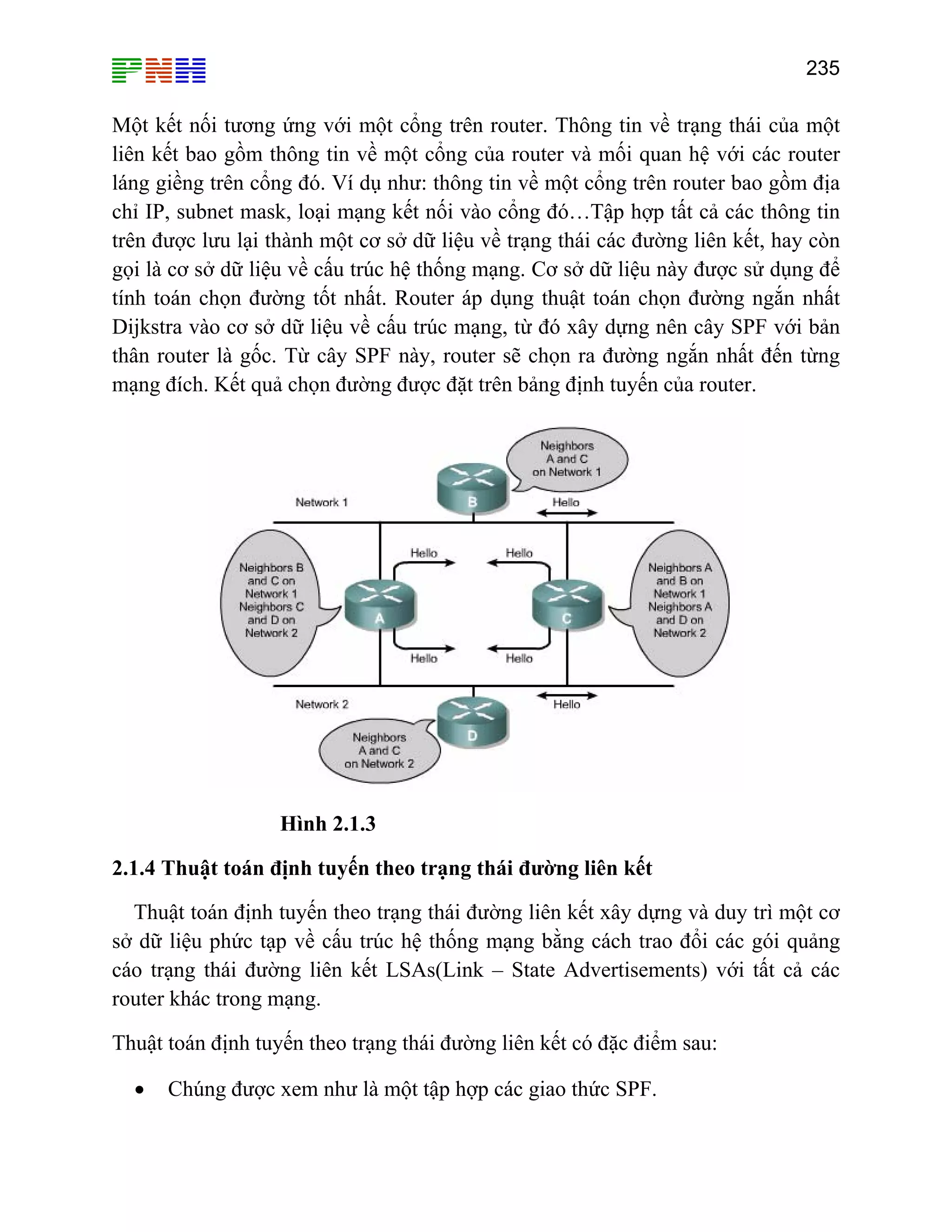 235

Một kết nối tương ứng với một cổng trên router. Thông tin về trạng thái của một
liên kết bao gồm thông tin về một cổng của router và mối quan hệ với các router
láng giềng trên cổng đó. Ví dụ như: thông tin về một cổng trên router bao gồm địa
chỉ IP, subnet mask, loại mạng kết nối vào cổng đó…Tập hợp tất cả các thông tin
trên được lưu lại thành một cơ sở dữ liệu về trạng thái các đường liên kết, hay còn
gọi là cơ sở dữ liệu về cấu trúc hệ thống mạng. Cơ sở dữ liệu này được sử dụng để
tính toán chọn đường tốt nhất. Router áp dụng thuật toán chọn đường ngắn nhất
Dijkstra vào cơ sở dữ liệu về cấu trúc mạng, từ đó xây dựng nên cây SPF với bản
thân router là gốc. Từ cây SPF này, router sẽ chọn ra đường ngắn nhất đến từng
mạng đích. Kết quả chọn đường được đặt trên bảng định tuyến của router.

Hình 2.1.3
2.1.4 Thuật toán định tuyến theo trạng thái đường liên kết
Thuật toán định tuyến theo trạng thái đường liên kết xây dựng và duy trì một cơ
sở dữ liệu phức tạp về cấu trúc hệ thống mạng bằng cách trao đổi các gói quảng
cáo trạng thái đường liên kết LSAs(Link – State Advertisements) với tất cả các
router khác trong mạng.
Thuật toán định tuyến theo trạng thái đường liên kết có đặc điểm sau:
•

Chúng được xem như là một tập hợp các giao thức SPF.

 