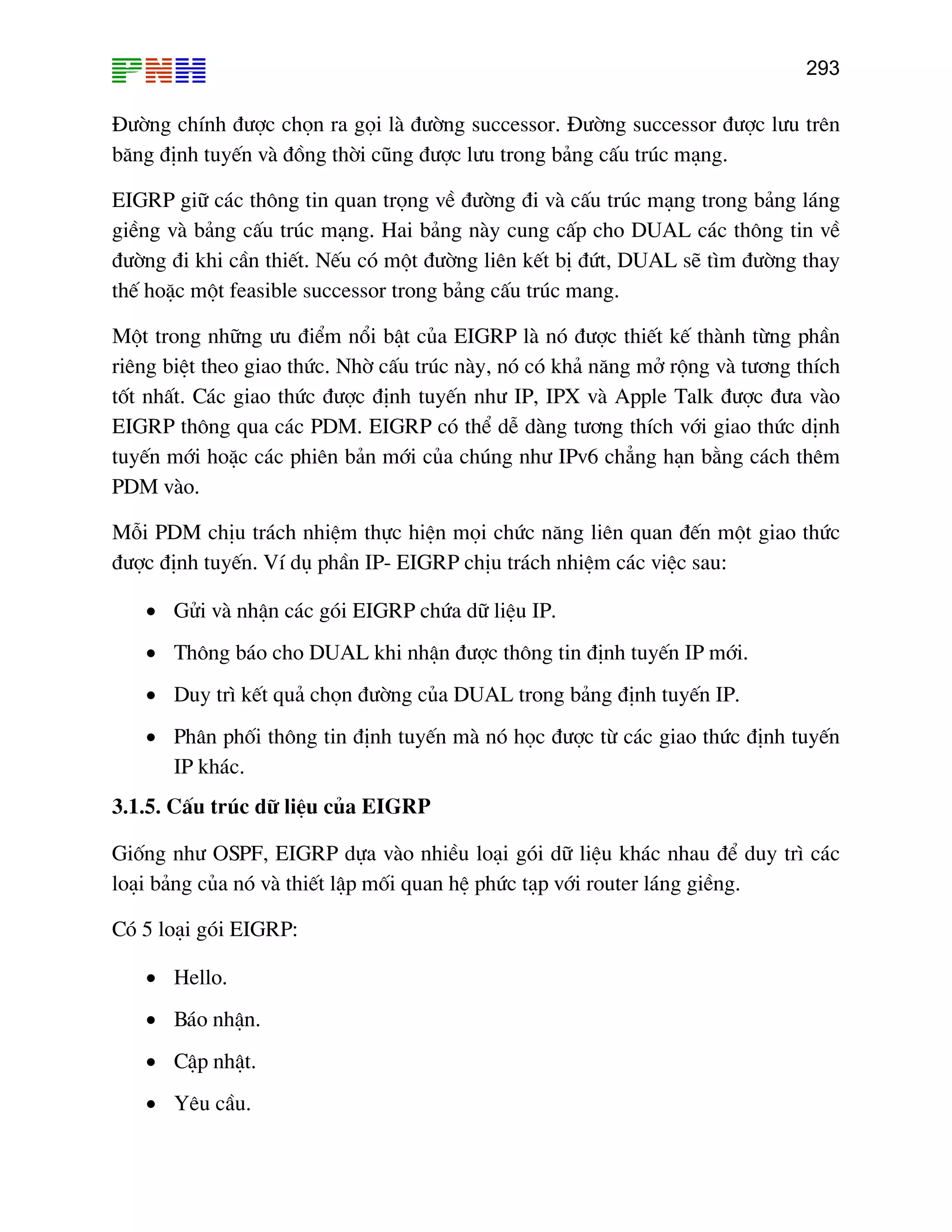 293

§−êng chÝnh ®−îc chän ra gäi lµ ®−êng successor. §−êng successor ®−îc l−u trªn
b¨ng ®Þnh tuyÕn vµ ®ång thêi còng ®−îc l−u trong b¶ng cÊu tróc m¹ng.
EIGRP gi÷ c¸c th«ng tin quan träng vÒ ®−êng ®i vµ cÊu tróc m¹ng trong b¶ng l¸ng
giÒng vµ b¶ng cÊu tróc m¹ng. Hai b¶ng nµy cung cÊp cho DUAL c¸c th«ng tin vÒ
®−êng ®i khi cÇn thiÕt. NÕu cã mét ®−êng liªn kÕt bÞ ®øt, DUAL sÏ t×m ®−êng thay
thÕ hoÆc mét feasible successor trong b¶ng cÊu tróc mang.
Mét trong nh÷ng −u ®iÓm næi bËt cña EIGRP lµ nã ®−îc thiÕt kÕ thµnh tõng phÇn
riªng biÖt theo giao thøc. Nhê cÊu tróc nµy, nã cã kh¶ n¨ng më réng vµ t−¬ng thÝch
tèt nhÊt. C¸c giao thøc ®−îc ®Þnh tuyÕn nh− IP, IPX vµ Apple Talk ®−îc ®−a vµo
EIGRP th«ng qua c¸c PDM. EIGRP cã thÓ dÔ dµng t−¬ng thÝch víi giao thøc dÞnh
tuyÕn míi hoÆc c¸c phiªn b¶n míi cña chóng nh− IPv6 ch¼ng h¹n b»ng c¸ch thªm
PDM vµo.
Mçi PDM chÞu tr¸ch nhiÖm thùc hiÖn mäi chøc n¨ng liªn quan ®Õn mét giao thøc
®−îc ®Þnh tuyÕn. VÝ dô phÇn IP- EIGRP chÞu tr¸ch nhiÖm c¸c viÖc sau:
• Göi vµ nhËn c¸c gãi EIGRP chøa d÷ liÖu IP.
• Th«ng b¸o cho DUAL khi nhËn ®−îc th«ng tin ®Þnh tuyÕn IP míi.
• Duy tr× kÕt qu¶ chän ®−êng cña DUAL trong b¶ng ®Þnh tuyÕn IP.
• Ph©n phèi th«ng tin ®Þnh tuyÕn mµ nã häc ®−îc tõ c¸c giao thøc ®Þnh tuyÕn
IP kh¸c.
3.1.5. CÊu tróc d÷ liÖu cña EIGRP
Gièng nh− OSPF, EIGRP dùa vµo nhiÒu lo¹i gãi d÷ liÖu kh¸c nhau ®Ó duy tr× c¸c
lo¹i b¶ng cña nã vµ thiÕt lËp mèi quan hÖ phøc t¹p víi router l¸ng giÒng.
Cã 5 lo¹i gãi EIGRP:
• Hello.
• B¸o nhËn.
• CËp nhËt.
• Yªu cÇu.

 