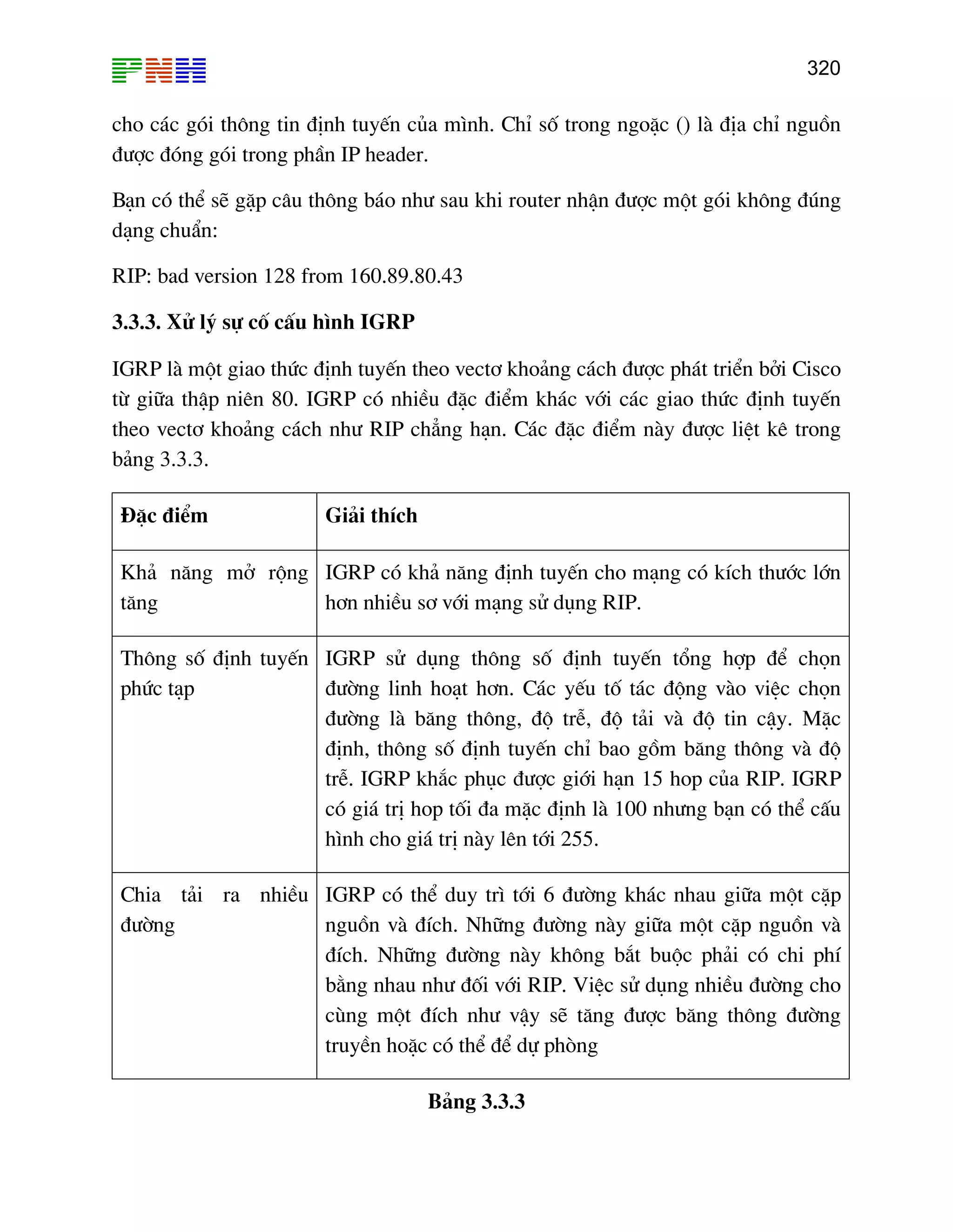320

cho c¸c gãi th«ng tin ®Þnh tuyÕn cña m×nh. ChØ sè trong ngoÆc () lµ ®Þa chØ nguån
®−îc ®ãng gãi trong phÇn IP header.
B¹n cã thÓ sÏ gÆp c©u th«ng b¸o nh− sau khi router nhËn ®−îc mét gãi kh«ng ®óng
d¹ng chuÈn:
RIP: bad version 128 from 160.89.80.43
3.3.3. Xö lý sù cè cÊu h×nh IGRP
IGRP lµ mét giao thøc ®Þnh tuyÕn theo vect¬ kho¶ng c¸ch ®−îc ph¸t triÓn bëi Cisco
tõ gi÷a thËp niªn 80. IGRP cã nhiÒu ®Æc ®iÓm kh¸c víi c¸c giao thøc ®Þnh tuyÕn
theo vect¬ kho¶ng c¸ch nh− RIP ch¼ng h¹n. C¸c ®Æc ®iÓm nµy ®−îc liÖt kª trong
b¶ng 3.3.3.
§Æc ®iÓm

Gi¶i thÝch

Kh¶ n¨ng më réng IGRP cã kh¶ n¨ng ®Þnh tuyÕn cho m¹ng cã kÝch th−íc lín
t¨ng
h¬n nhiÒu s¬ víi m¹ng sö dông RIP.
Th«ng sè ®Þnh tuyÕn IGRP sö dông th«ng sè ®Þnh tuyÕn tæng hîp ®Ó chän
phøc t¹p
®−êng linh ho¹t h¬n. C¸c yÕu tè t¸c ®éng vµo viÖc chän
®−êng lµ b¨ng th«ng, ®é trÔ, ®é t¶i vµ ®é tin cËy. MÆc
®Þnh, th«ng sè ®Þnh tuyÕn chØ bao gåm b¨ng th«ng vµ ®é
trÔ. IGRP kh¾c phôc ®−îc giíi h¹n 15 hop cña RIP. IGRP
cã gi¸ trÞ hop tèi ®a mÆc ®Þnh lµ 100 nh−ng b¹n cã thÓ cÊu
h×nh cho gi¸ trÞ nµy lªn tíi 255.
Chia t¶i ra nhiÒu IGRP cã thÓ duy tr× tíi 6 ®−êng kh¸c nhau gi÷a mét cÆp
®−êng
nguån vµ ®Ých. Nh÷ng ®−êng nµy gi÷a mét cÆp nguån vµ
®Ých. Nh÷ng ®−êng nµy kh«ng b¾t buéc ph¶i cã chi phÝ
b»ng nhau nh− ®èi víi RIP. ViÖc sö dông nhiÒu ®−êng cho
cïng mét ®Ých nh− vËy sÏ t¨ng ®−îc b¨ng th«ng ®−êng
truyÒn hoÆc cã thÓ ®Ó dù phßng
B¶ng 3.3.3

 