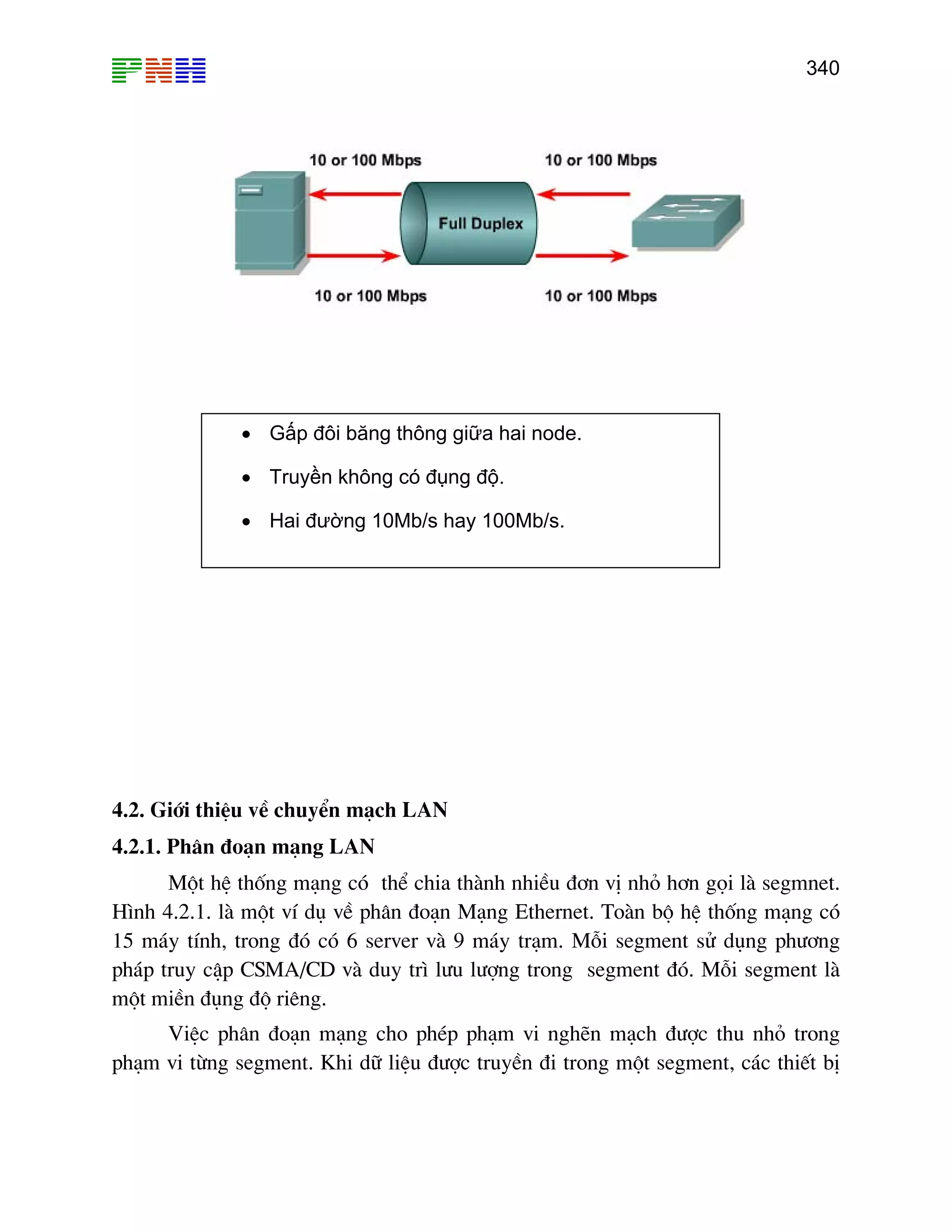 340

• Gấp đôi băng thông giữa hai node.
• Truyền không có đụng độ.
• Hai đường 10Mb/s hay 100Mb/s.

4.2. Giíi thiÖu vÒ chuyÓn m¹ch LAN
4.2.1. Ph©n ®o¹n m¹ng LAN
Mét hÖ thèng m¹ng cã thÓ chia thµnh nhiÒu ®¬n vÞ nhá h¬n gäi lµ segmnet.
H×nh 4.2.1. lµ mét vÝ dô vÒ ph©n ®o¹n M¹ng Ethernet. Toµn bé hÖ thèng m¹ng cã
15 m¸y tÝnh, trong ®ã cã 6 server vµ 9 m¸y tr¹m. Mçi segment sö dông ph−¬ng
ph¸p truy cËp CSMA/CD vµ duy tr× l−u l−îng trong segment ®ã. Mçi segment lµ
mét miÒn ®ông ®é riªng.
ViÖc ph©n ®o¹n m¹ng cho phÐp ph¹m vi nghÏn m¹ch ®−îc thu nhá trong
ph¹m vi tõng segment. Khi d÷ liÖu ®−îc truyÒn ®i trong mét segment, c¸c thiÕt bÞ

 