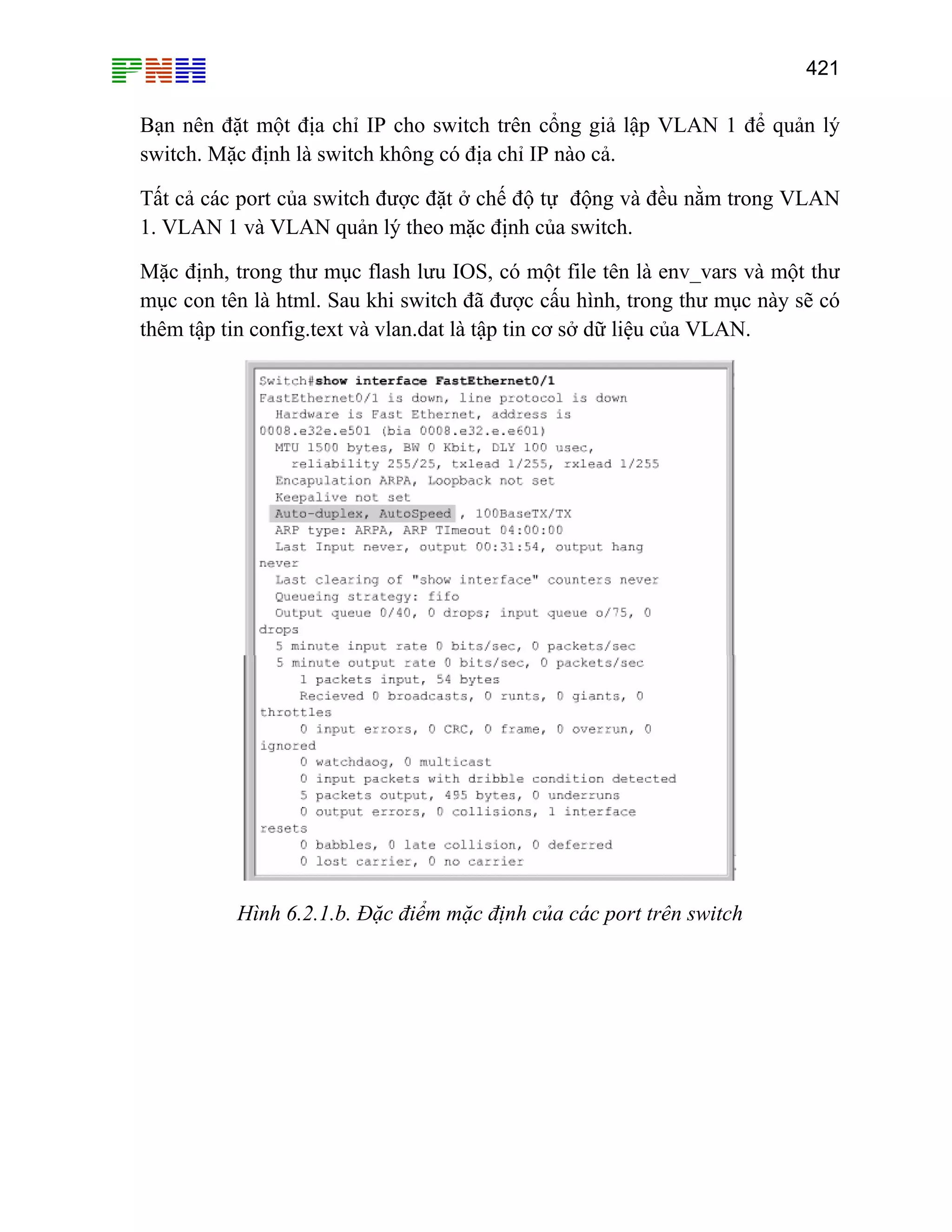 421

Bạn nên đặt một địa chỉ IP cho switch trên cổng giả lập VLAN 1 để quản lý
switch. Mặc định là switch không có địa chỉ IP nào cả.
Tất cả các port của switch được đặt ở chế độ tự động và đều nằm trong VLAN
1. VLAN 1 và VLAN quản lý theo mặc định của switch.
Mặc định, trong thư mục flash lưu IOS, có một file tên là env_vars và một thư
mục con tên là html. Sau khi switch đã được cấu hình, trong thư mục này sẽ có
thêm tập tin config.text và vlan.dat là tập tin cơ sở dữ liệu của VLAN.

Hình 6.2.1.b. Đặc điểm mặc định của các port trên switch

 