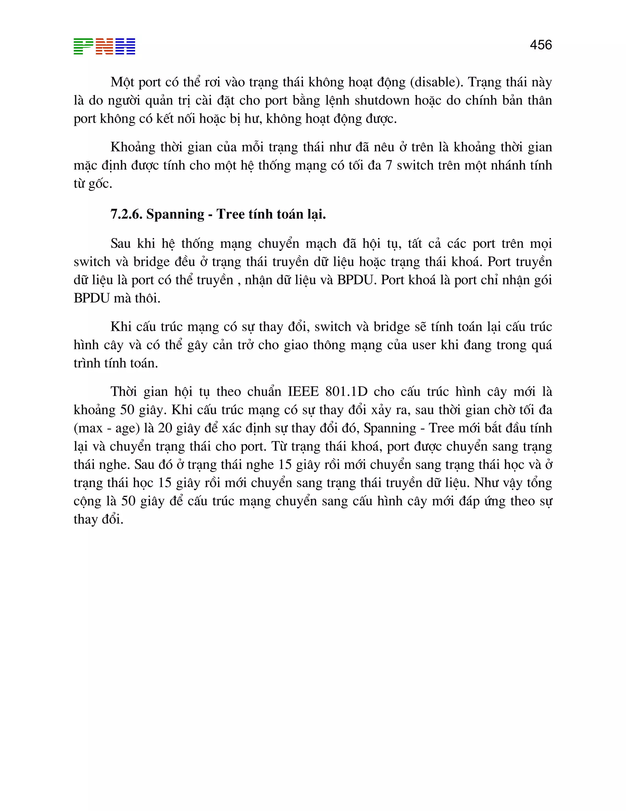 456

Mét port cã thÓ r¬i vµo tr¹ng th¸i kh«ng ho¹t ®éng (disable). Tr¹ng th¸i nµy
lµ do ng−êi qu¶n trÞ cµi ®Æt cho port b»ng lÖnh shutdown hoÆc do chÝnh b¶n th©n
port kh«ng cã kÕt nèi hoÆc bÞ h−, kh«ng ho¹t ®éng ®−îc.
Kho¶ng thêi gian cña mçi tr¹ng th¸i nh− ®· nªu ë trªn lµ kho¶ng thêi gian
mÆc ®Þnh ®−îc tÝnh cho mét hÖ thèng m¹ng cã tèi ®a 7 switch trªn mét nh¸nh tÝnh
tõ gèc.
7.2.6. Spanning - Tree tÝnh to¸n l¹i.
Sau khi hÖ thèng m¹ng chuyÓn m¹ch ®· héi tô, tÊt c¶ c¸c port trªn mäi
switch vµ bridge ®Òu ë tr¹ng th¸i truyÒn d÷ liÖu hoÆc tr¹ng th¸i kho¸. Port truyÒn
d÷ liÖu lµ port cã thÓ truyÒn , nhËn d÷ liÖu vµ BPDU. Port kho¸ lµ port chØ nhËn gãi
BPDU mµ th«i.
Khi cÊu tróc m¹ng cã sù thay ®æi, switch vµ bridge sÏ tÝnh to¸n l¹i cÊu tróc
h×nh c©y vµ cã thÓ g©y c¶n trë cho giao th«ng m¹ng cña user khi ®ang trong qu¸
tr×nh tÝnh to¸n.
Thêi gian héi tô theo chuÈn IEEE 801.1D cho cÊu tróc h×nh c©y míi lµ
kho¶ng 50 gi©y. Khi cÊu tróc m¹ng cã sù thay ®æi x¶y ra, sau thêi gian chê tèi ®a
(max - age) lµ 20 gi©y ®Ó x¸c ®Þnh sù thay ®æi ®ã, Spanning - Tree míi b¾t ®Çu tÝnh
l¹i vµ chuyÓn tr¹ng th¸i cho port. Tõ tr¹ng th¸i kho¸, port ®−îc chuyÓn sang tr¹ng
th¸i nghe. Sau ®ã ë tr¹ng th¸i nghe 15 gi©y råi míi chuyÓn sang tr¹ng th¸i häc vµ ë
tr¹ng th¸i häc 15 gi©y råi míi chuyÓn sang tr¹ng th¸i truyÒn d÷ liÖu. Nh− vËy tæng
céng lµ 50 gi©y ®Ó cÊu tróc m¹ng chuyÓn sang cÊu h×nh c©y míi ®¸p øng theo sù
thay ®æi.

 
