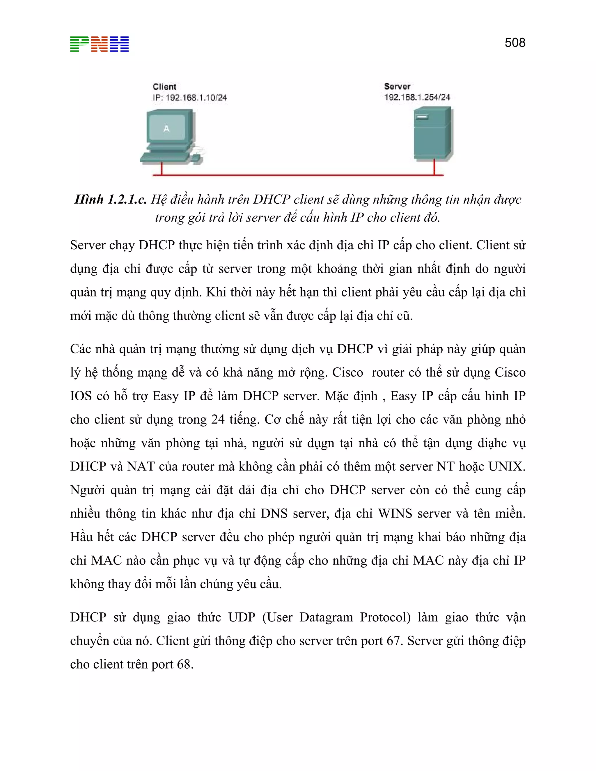 508

Hình 1.2.1.c. Hệ điều hành trên DHCP client sẽ dùng những thông tin nhận được
trong gói trả lời server để cấu hình IP cho client đó.
Server chạy DHCP thực hiện tiến trình xác định địa chỉ IP cấp cho client. Client sử
dụng địa chỉ được cấp từ server trong một khoảng thời gian nhất định do người
quản trị mạng quy định. Khi thời này hết hạn thì client phải yêu cầu cấp lại địa chỉ
mới mặc dù thông thường client sẽ vẫn được cấp lại địa chỉ cũ.
Các nhà quản trị mạng thường sử dụng dịch vụ DHCP vì giải pháp này giúp quản
lý hệ thống mạng dễ và có khả năng mở rộng. Cisco router có thể sử dụng Cisco
IOS có hỗ trợ Easy IP để làm DHCP server. Mặc định , Easy IP cấp cấu hình IP
cho client sử dụng trong 24 tiếng. Cơ chế này rất tiện lợi cho các văn phòng nhỏ
hoặc những văn phòng tại nhà, người sử dụgn tại nhà có thể tận dụng diạhc vụ
DHCP và NAT của router mà không cần phải có thêm một server NT hoặc UNIX.
Người quản trị mạng cài đặt dải địa chỉ cho DHCP server còn có thể cung cấp
nhiều thông tin khác như địa chỉ DNS server, địa chỉ WINS server và tên miền.
Hầu hết các DHCP server đều cho phép người quản trị mạng khai báo những địa
chỉ MAC nào cần phục vụ và tự động cấp cho những địa chỉ MAC này địa chỉ IP
không thay đổi mỗi lần chúng yêu cầu.
DHCP sử dụng giao thức UDP (User Datagram Protocol) làm giao thức vận
chuyển của nó. Client gửi thông điệp cho server trên port 67. Server gửi thông điệp
cho client trên port 68.

 