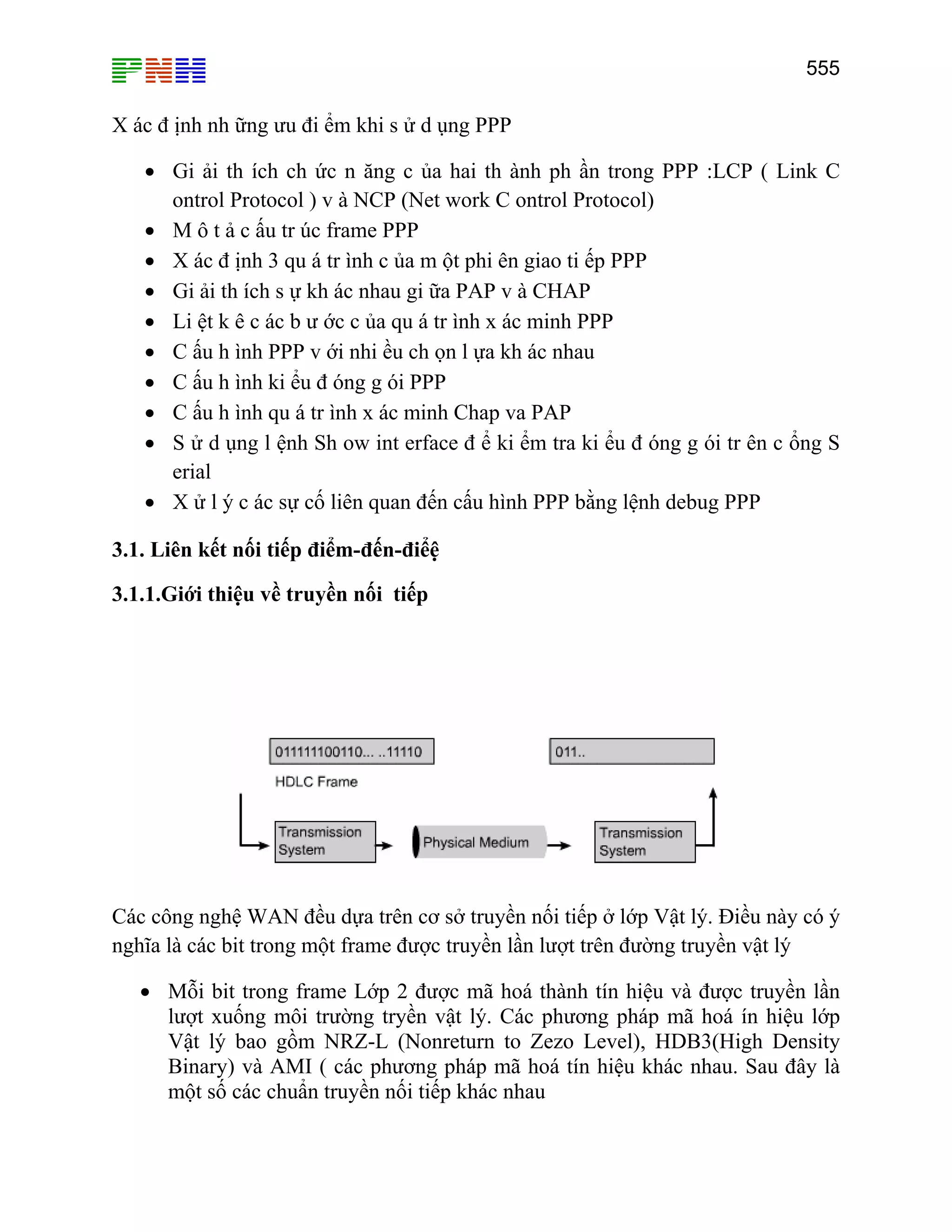 555

X ác đ ịnh nh ững ưu đi ểm khi s ử d ụng PPP
• Gi ải th ích ch ức n ăng c ủa hai th ành ph ần trong PPP :LCP ( Link C
ontrol Protocol ) v à NCP (Net work C ontrol Protocol)
• M ô t ả c ấu tr úc frame PPP
• X ác đ ịnh 3 qu á tr ình c ủa m ột phi ên giao ti ếp PPP
• Gi ải th ích s ự kh ác nhau gi ữa PAP v à CHAP
• Li ệt k ê c ác b ư ớc c ủa qu á tr ình x ác minh PPP
• C ấu h ình PPP v ới nhi ều ch ọn l ựa kh ác nhau
• C ấu h ình ki ểu đ óng g ói PPP
• C ấu h ình qu á tr ình x ác minh Chap va PAP
• S ử d ụng l ệnh Sh ow int erface đ ể ki ểm tra ki ểu đ óng g ói tr ên c ổng S
erial
• X ử l ý c ác sự cố liên quan đến cấu hình PPP bằng lệnh debug PPP
3.1. Liên kết nối tiếp điểm-đến-điểệ
3.1.1.Giới thiệu về truyền nối tiếp

Các công nghệ WAN đều dựa trên cơ sở truyền nối tiếp ở lớp Vật lý. Điều này có ý
nghĩa là các bit trong một frame được truyền lần lượt trên đường truyền vật lý
• Mỗi bit trong frame Lớp 2 được mã hoá thành tín hiệu và được truyền lần
lượt xuống môi trường tryền vật lý. Các phương pháp mã hoá ín hiệu lớp
Vật lý bao gồm NRZ-L (Nonreturn to Zezo Level), HDB3(High Density
Binary) và AMI ( các phương pháp mã hoá tín hiệu khác nhau. Sau đây là
một số các chuẩn truyền nối tiếp khác nhau

 