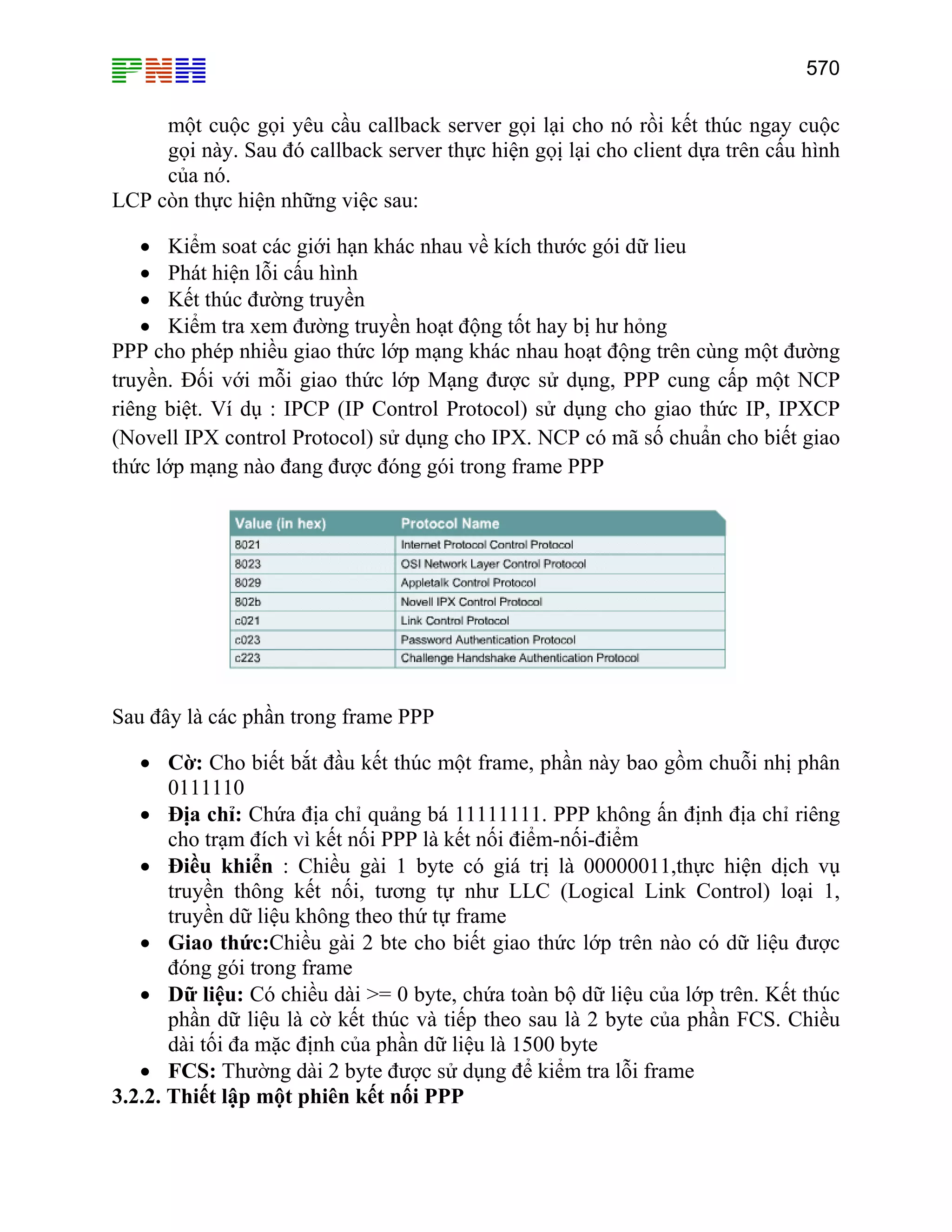 570

một cuộc gọi yêu cầu callback server gọi lại cho nó rồi kết thúc ngay cuộc
gọi này. Sau đó callback server thực hiện gọị lại cho client dựa trên cấu hình
của nó.
LCP còn thực hiện những việc sau:
• Kiểm soat các giới hạn khác nhau về kích thước gói dữ lieu
• Phát hiện lỗi cấu hình
• Kết thúc đường truyền
• Kiểm tra xem đường truyền hoạt động tốt hay bị hư hỏng
PPP cho phép nhiều giao thức lớp mạng khác nhau hoạt động trên cùng một đường
truyền. Đối với mỗi giao thức lớp Mạng được sử dụng, PPP cung cấp một NCP
riêng biệt. Ví dụ : IPCP (IP Control Protocol) sử dụng cho giao thức IP, IPXCP
(Novell IPX control Protocol) sử dụng cho IPX. NCP có mã số chuẩn cho biết giao
thức lớp mạng nào đang được đóng gói trong frame PPP

Sau đây là các phần trong frame PPP
• Cờ: Cho biết bắt đầu kết thúc một frame, phần này bao gồm chuỗi nhị phân
0111110
• Địa chỉ: Chứa địa chỉ quảng bá 11111111. PPP không ấn định địa chỉ riêng
cho trạm đích vì kết nối PPP là kết nối điểm-nối-điểm
• Điều khiển : Chiều gài 1 byte có giá trị là 00000011,thực hiện dịch vụ
truyền thông kết nối, tương tự như LLC (Logical Link Control) loại 1,
truyền dữ liệu không theo thứ tự frame
• Giao thức:Chiều gài 2 bte cho biết giao thức lớp trên nào có dữ liệu được
đóng gói trong frame
• Dữ liệu: Có chiều dài >= 0 byte, chứa toàn bộ dữ liệu của lớp trên. Kết thúc
phần dữ liệu là cờ kết thúc và tiếp theo sau là 2 byte của phần FCS. Chiều
dài tối đa mặc định của phần dữ liệu là 1500 byte
• FCS: Thường dài 2 byte được sử dụng để kiểm tra lỗi frame
3.2.2. Thiết lập một phiên kết nối PPP

 