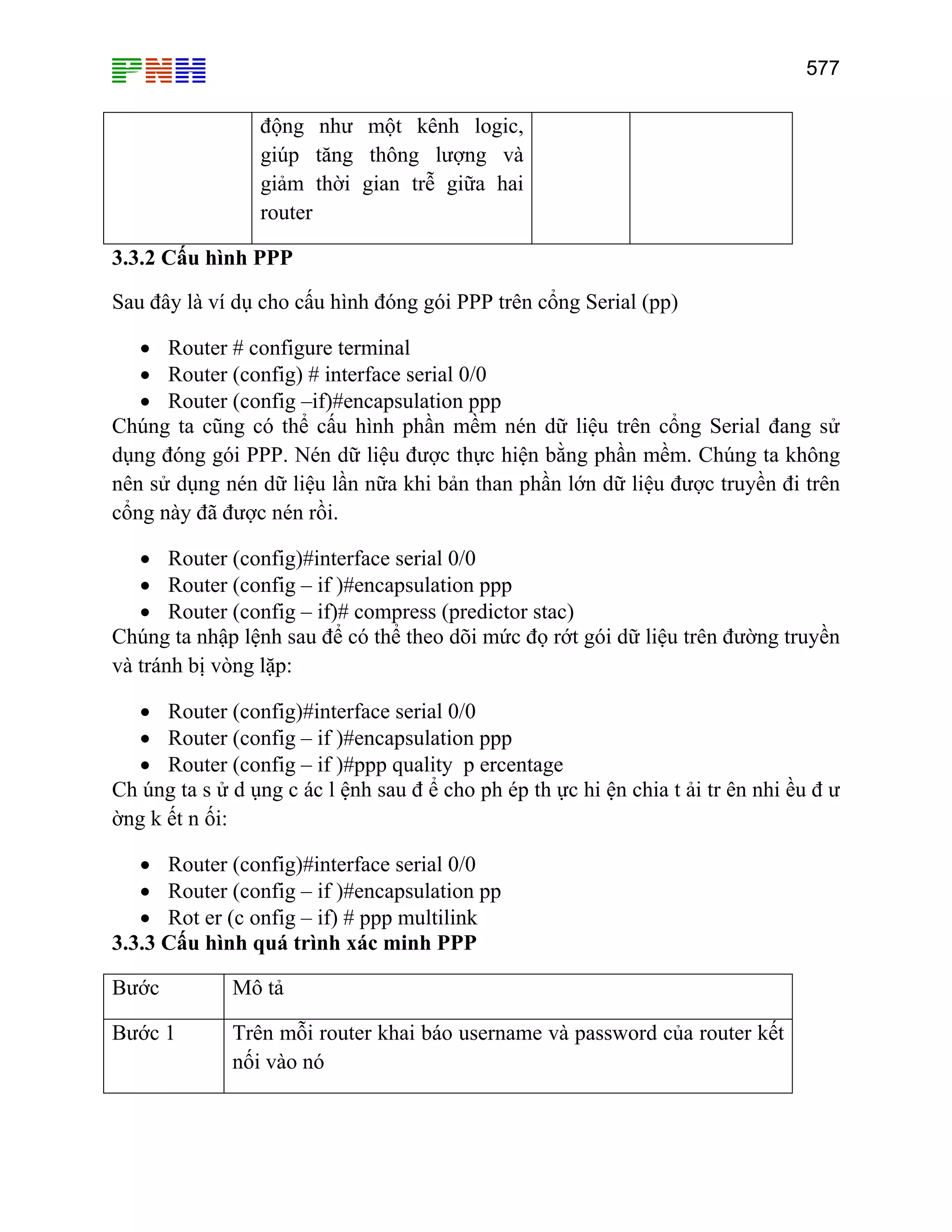 577

động như một kênh logic,
giúp tăng thông lượng và
giảm thời gian trễ giữa hai
router
3.3.2 Cấu hình PPP
Sau đây là ví dụ cho cấu hình đóng gói PPP trên cổng Serial (pp)
• Router # configure terminal
• Router (config) # interface serial 0/0
• Router (config –if)#encapsulation ppp
Chúng ta cũng có thể cấu hình phần mềm nén dữ liệu trên cổng Serial đang sử
dụng đóng gói PPP. Nén dữ liệu được thực hiện bằng phần mềm. Chúng ta không
nên sử dụng nén dữ liệu lần nữa khi bản than phần lớn dữ liệu được truyền đi trên
cổng này đã được nén rồi.
• Router (config)#interface serial 0/0
• Router (config – if )#encapsulation ppp
• Router (config – if)# compress (predictor stac)
Chúng ta nhập lệnh sau để có thể theo dõi mức đọ rớt gói dữ liệu trên đường truyền
và tránh bị vòng lặp:
• Router (config)#interface serial 0/0
• Router (config – if )#encapsulation ppp
• Router (config – if )#ppp quality p ercentage
Ch úng ta s ử d ụng c ác l ệnh sau đ ể cho ph ép th ực hi ện chia t ải tr ên nhi ều đ ư
ờng k ết n ối:
• Router (config)#interface serial 0/0
• Router (config – if )#encapsulation pp
• Rot er (c onfig – if) # ppp multilink
3.3.3 Cấu hình quá trình xác minh PPP
Bước

Mô tả

Bước 1

Trên mỗi router khai báo username và password của router kết
nối vào nó

 
