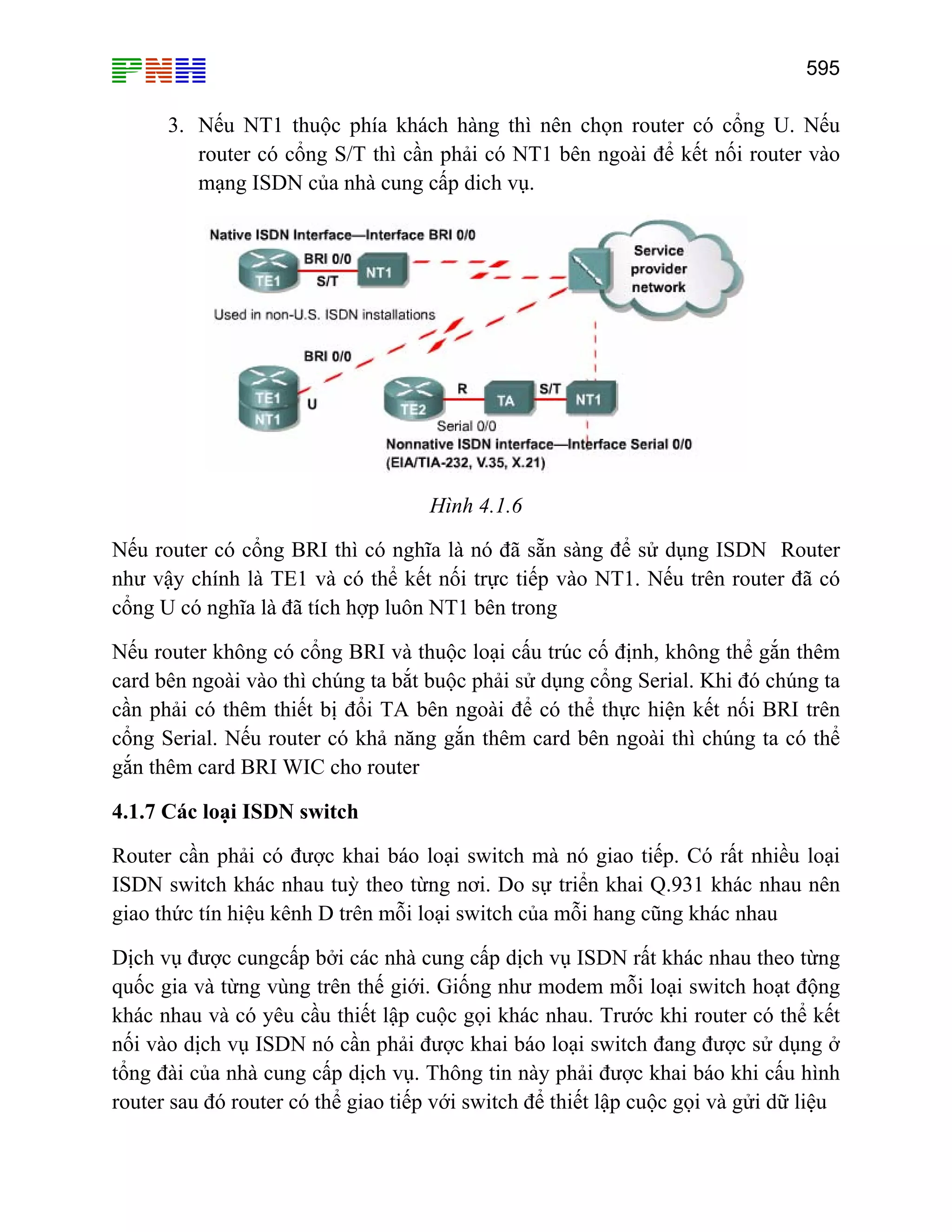 595

3. Nếu NT1 thuộc phía khách hàng thì nên chọn router có cổng U. Nếu
router có cổng S/T thì cần phải có NT1 bên ngoài để kết nối router vào
mạng ISDN của nhà cung cấp dich vụ.

Hình 4.1.6
Nếu router có cổng BRI thì có nghĩa là nó đã sẵn sàng để sử dụng ISDN Router
như vậy chính là TE1 và có thể kết nối trực tiếp vào NT1. Nếu trên router đã có
cổng U có nghĩa là đã tích hợp luôn NT1 bên trong
Nếu router không có cổng BRI và thuộc loại cấu trúc cố định, không thể gắn thêm
card bên ngoài vào thì chúng ta bắt buộc phải sử dụng cổng Serial. Khi đó chúng ta
cần phải có thêm thiết bị đổi TA bên ngoài để có thể thực hiện kết nối BRI trên
cổng Serial. Nếu router có khả năng gắn thêm card bên ngoài thì chúng ta có thể
gắn thêm card BRI WIC cho router
4.1.7 Các loại ISDN switch
Router cần phải có được khai báo loại switch mà nó giao tiếp. Có rất nhiều loại
ISDN switch khác nhau tuỳ theo từng nơi. Do sự triển khai Q.931 khác nhau nên
giao thức tín hiệu kênh D trên mỗi loại switch của mỗi hang cũng khác nhau
Dịch vụ được cungcấp bởi các nhà cung cấp dịch vụ ISDN rất khác nhau theo từng
quốc gia và từng vùng trên thế giới. Giống như modem mỗi loại switch hoạt động
khác nhau và có yêu cầu thiết lập cuộc gọi khác nhau. Trước khi router có thể kết
nối vào dịch vụ ISDN nó cần phải được khai báo loại switch đang được sử dụng ở
tổng đài của nhà cung cấp dịch vụ. Thông tin này phải được khai báo khi cấu hình
router sau đó router có thể giao tiếp với switch để thiết lập cuộc gọi và gửi dữ liệu

 