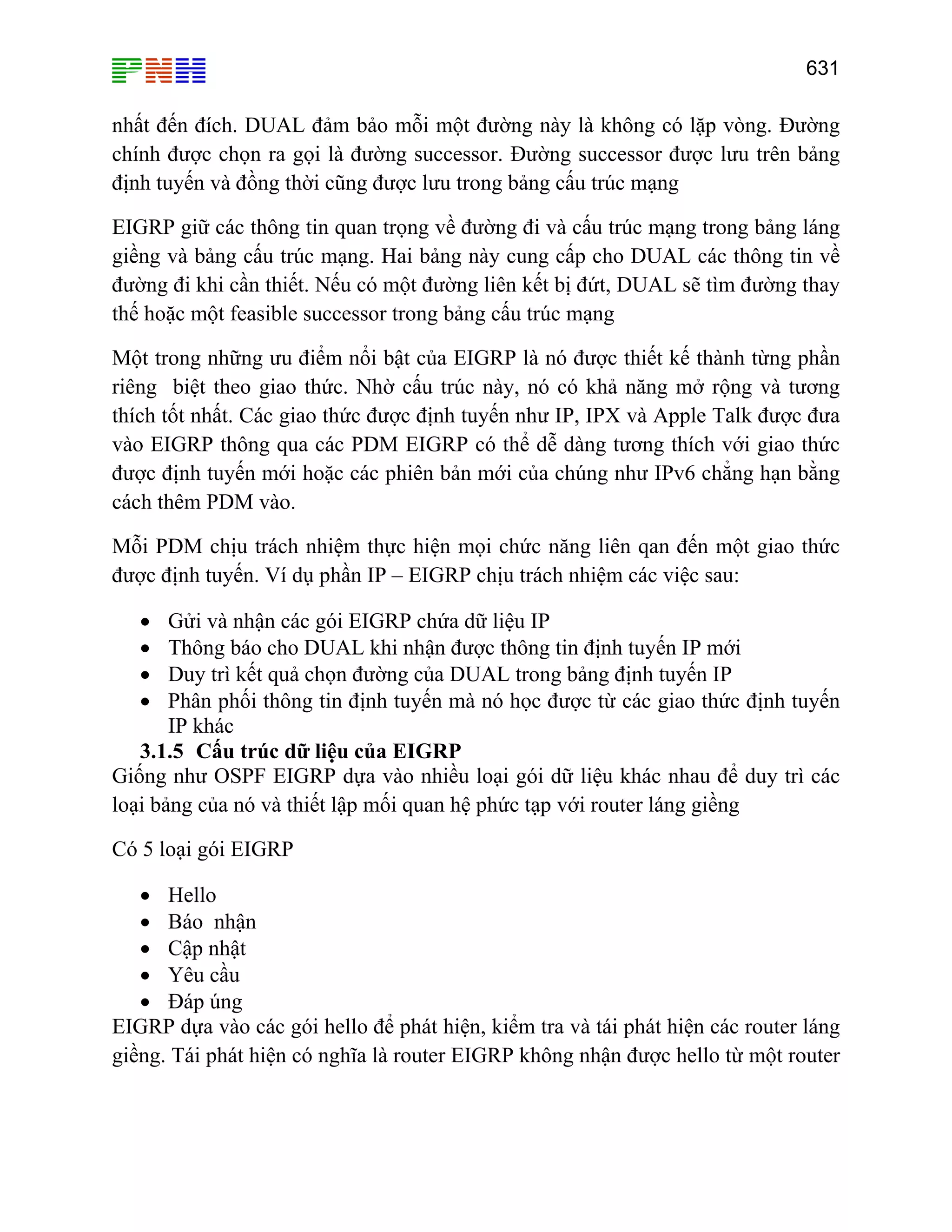 631

nhất đến đích. DUAL đảm bảo mỗi một đường này là không có lặp vòng. Đường
chính được chọn ra gọi là đường successor. Đường successor được lưu trên bảng
định tuyến và đồng thời cũng được lưu trong bảng cấu trúc mạng
EIGRP giữ các thông tin quan trọng về đường đi và cấu trúc mạng trong bảng láng
giềng và bảng cấu trúc mạng. Hai bảng này cung cấp cho DUAL các thông tin về
đường đi khi cần thiết. Nếu có một đường liên kết bị đứt, DUAL sẽ tìm đường thay
thế hoặc một feasible successor trong bảng cấu trúc mạng
Một trong những ưu điểm nổi bật của EIGRP là nó được thiết kế thành từng phần
riêng biệt theo giao thức. Nhờ cấu trúc này, nó có khả năng mở rộng và tương
thích tốt nhất. Các giao thức được định tuyến như IP, IPX và Apple Talk được đưa
vào EIGRP thông qua các PDM EIGRP có thể dễ dàng tương thích với giao thức
được định tuyến mới hoặc các phiên bản mới của chúng như IPv6 chẳng hạn bằng
cách thêm PDM vào.
Mỗi PDM chịu trách nhiệm thực hiện mọi chức năng liên qan đến một giao thức
được định tuyến. Ví dụ phần IP – EIGRP chịu trách nhiệm các việc sau:
Gửi và nhận các gói EIGRP chứa dữ liệu IP
Thông báo cho DUAL khi nhận được thông tin định tuyến IP mới
Duy trì kết quả chọn đường của DUAL trong bảng định tuyến IP
Phân phối thông tin định tuyến mà nó học được từ các giao thức định tuyến
IP khác
3.1.5 Cấu trúc dữ liệu của EIGRP
Giống như OSPF EIGRP dựa vào nhiều loại gói dữ liệu khác nhau để duy trì các
loại bảng của nó và thiết lập mối quan hệ phức tạp với router láng giềng
•
•
•
•

Có 5 loại gói EIGRP
• Hello
• Báo nhận
• Cập nhật
• Yêu cầu
• Đáp úng
EIGRP dựa vào các gói hello để phát hiện, kiểm tra và tái phát hiện các router láng
giềng. Tái phát hiện có nghĩa là router EIGRP không nhận được hello từ một router

 