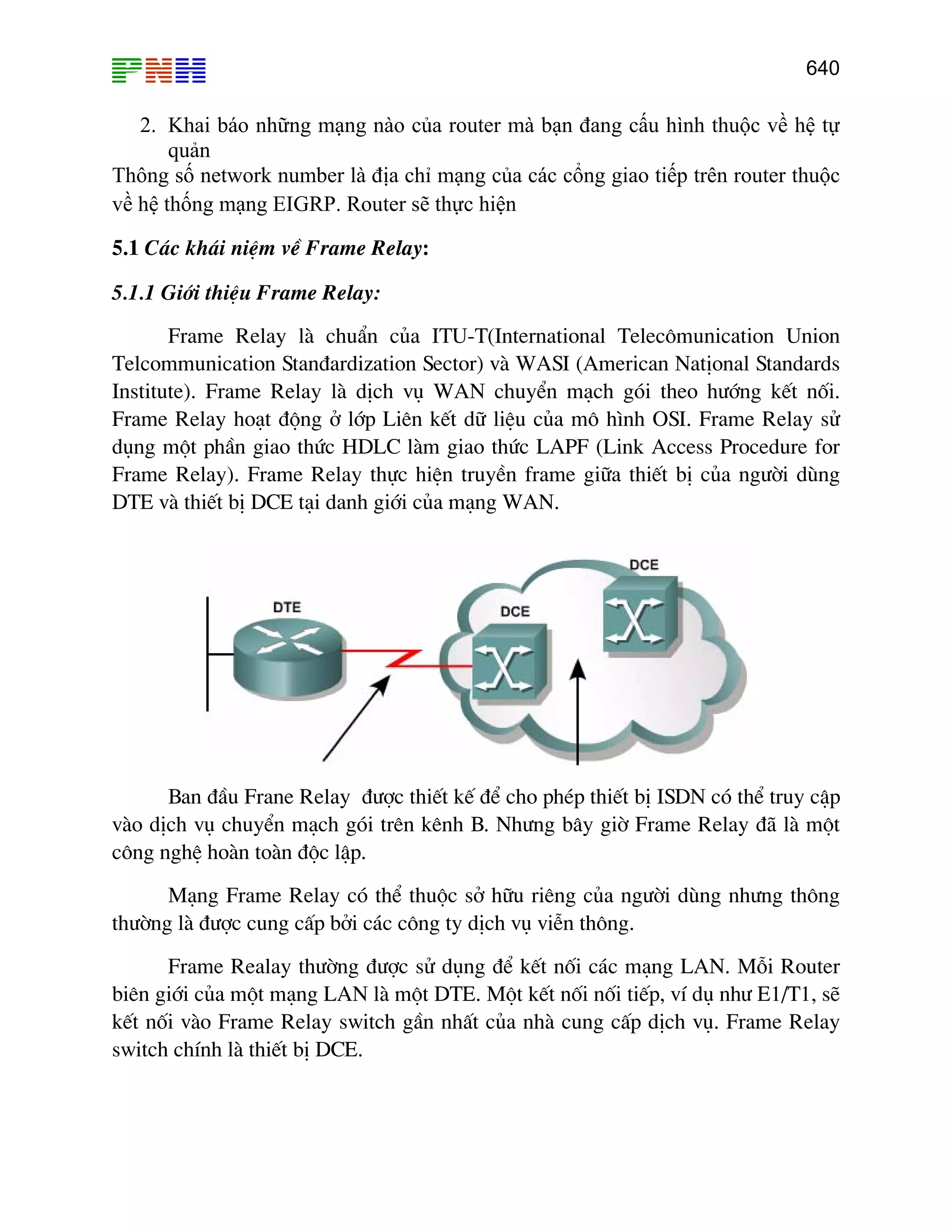 640

2. Khai báo những mạng nào của router mà bạn đang cấu hình thuộc về hệ tự
quản
Thông số network number là địa chỉ mạng của các cổng giao tiếp trên router thuộc
về hệ thống mạng EIGRP. Router sẽ thực hiện
5.1 C¸c kh¸i niÖm vÒ Frame Relay:
5.1.1 Giíi thiÖu Frame Relay:
Frame Relay lµ chuÈn cña ITU-T(International Telec«munication Union
Telcommunication Stan®ardization Sector) vµ WASI (American NatÞonal Standards
Institute). Frame Relay lµ dÞch vô WAN chuyÓn m¹ch gãi theo h−íng kÕt nèi.
Frame Relay ho¹t ®éng ë líp Liªn kÕt d÷ liÖu cña m« h×nh OSI. Frame Relay sö
dông mét phÇn giao thøc HDLC lµm giao thøc LAPF (Link Access Procedure for
Frame Relay). Frame Relay thùc hiÖn truyÒn frame gi÷a thiÕt bÞ cña ng−êi dïng
DTE vµ thiÕt bÞ DCE t¹i danh giíi cña m¹ng WAN.

Ban ®Çu Frane Relay ®−îc thiÕt kÕ ®Ó cho phÐp thiÕt bÞ ISDN cã thÓ truy cËp
vµo dÞch vô chuyÓn m¹ch gãi trªn kªnh B. Nh−ng b©y giê Frame Relay ®· lµ mét
c«ng nghÖ hoµn toµn ®éc lËp.
M¹ng Frame Relay cã thÓ thuéc së h÷u riªng cña ng−êi dïng nh−ng th«ng
th−êng lµ ®−îc cung cÊp bëi c¸c c«ng ty dÞch vô viÔn th«ng.
Frame Realay th−êng ®−îc sö dông ®Ó kÕt nèi c¸c m¹ng LAN. Mçi Router
biªn giíi cña mét m¹ng LAN lµ mét DTE. Mét kÕt nèi nèi tiÕp, vÝ dô nh− E1/T1, sÏ
kÕt nèi vµo Frame Relay switch gÇn nhÊt cña nhµ cung cÊp dÞch vô. Frame Relay
switch chÝnh lµ thiÕt bÞ DCE.

 