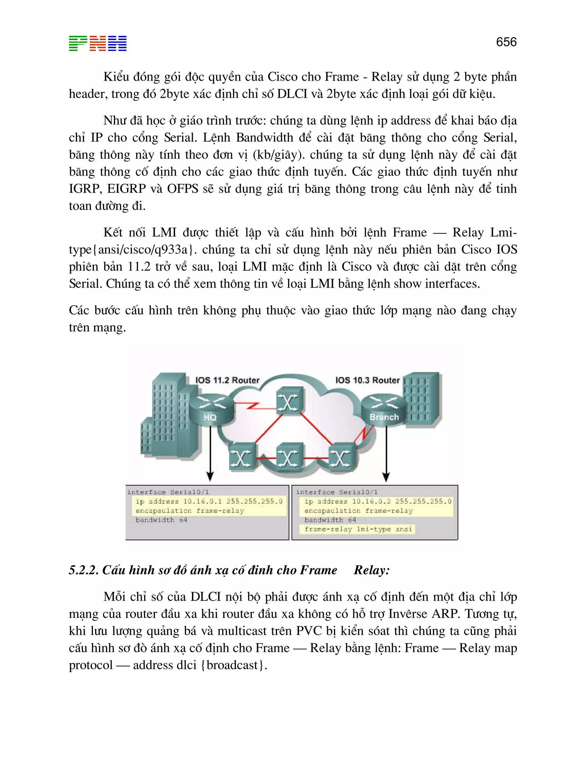 656

KiÓu ®ãng gãi ®éc quyÒn cña Cisco cho Frame - Relay sö dông 2 byte phÇn
header, trong ®ã 2byte x¸c ®Þnh chØ sè DLCI vµ 2byte x¸c ®Þnh lo¹i gãi d÷ kiÖu.
Nh− ®· häc ë gi¸o tr×nh tr−íc: chóng ta dïng lÖnh ip address ®Ó khai b¸o ®Þa
chØ IP cho cæng Serial. LÖnh Bandwidth ®Ó cµi ®Æt b¨ng th«ng cho cæng Serial,
b¨ng th«ng nµy tÝnh theo ®¬n vÞ (kb/gi©y). chóng ta sö dông lÖnh nµy ®Ó cµi ®Æt
b¨ng th«ng cè ®Þnh cho c¸c giao thøc ®Þnh tuyÕn. C¸c giao thøc ®Þnh tuyÕn nh−
IGRP, EIGRP vµ OFPS sÏ sö dông gi¸ trÞ b¨ng th«ng trong c©u lÖnh nµy ®Ó tinh
toan ®−êng ®i.
KÕt nèi LMI ®−îc thiÕt lËp vµ cÊu h×nh bëi lÖnh Frame – Relay Lmitype{ansi/cisco/q933a}. chóng ta chØ sö dông lÖnh nµy nÕu phiªn b¶n Cisco IOS
phiªn b¶n 11.2 trë vÒ sau, lo¹i LMI mÆc ®Þnh lµ Cisco vµ ®−îc cµi dÆt trªn cæng
Serial. Chóng ta cã thÓ xem th«ng tin vÒ lo¹i LMI b»ng lÖnh show interfaces.
C¸c b−íc cÊu h×nh trªn kh«ng phô thuéc vµo giao thøc líp m¹ng nµo ®ang ch¹y
trªn m¹ng.

5.2.2. CÊu h×nh s¬ ®å ¸nh x¹ cè ®inh cho Frame

Relay:

Mçi chØ sè cña DLCI néi bé ph¶i ®−îc ¸nh x¹ cè ®Þnh ®Õn mét ®Þa chØ líp
m¹ng cña router ®Çu xa khi router ®Çu xa kh«ng cã hç trî Invªrse ARP. T−¬ng tù,
khi l−u l−îng qu¶ng b¸ vµ multicast trªn PVC bÞ kiÓn sãat th× chóng ta còng ph¶i
cÊu h×nh s¬ ®ß ¸nh x¹ cè ®Þnh cho Frame – Relay b»ng lÖnh: Frame – Relay map
protocol – address dlci {broadcast}.

 