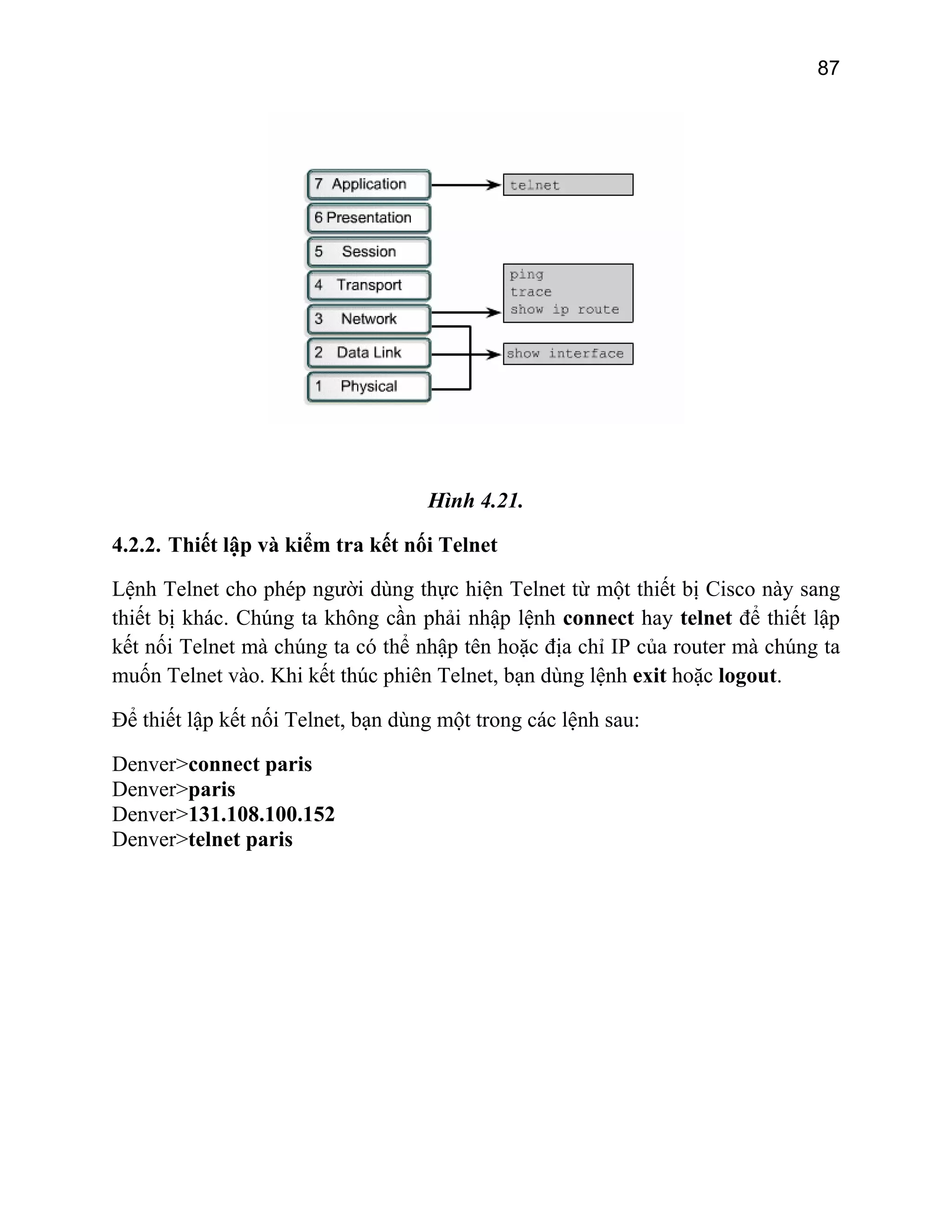 87

Hình 4.21.
4.2.2. Thiết lập và kiểm tra kết nối Telnet
Lệnh Telnet cho phép người dùng thực hiện Telnet từ một thiết bị Cisco này sang
thiết bị khác. Chúng ta không cần phải nhập lệnh connect hay telnet để thiết lập
kết nối Telnet mà chúng ta có thể nhập tên hoặc địa chỉ IP của router mà chúng ta
muốn Telnet vào. Khi kết thúc phiên Telnet, bạn dùng lệnh exit hoặc logout.
Để thiết lập kết nối Telnet, bạn dùng một trong các lệnh sau:
Denver>connect paris
Denver>paris
Denver>131.108.100.152
Denver>telnet paris

 